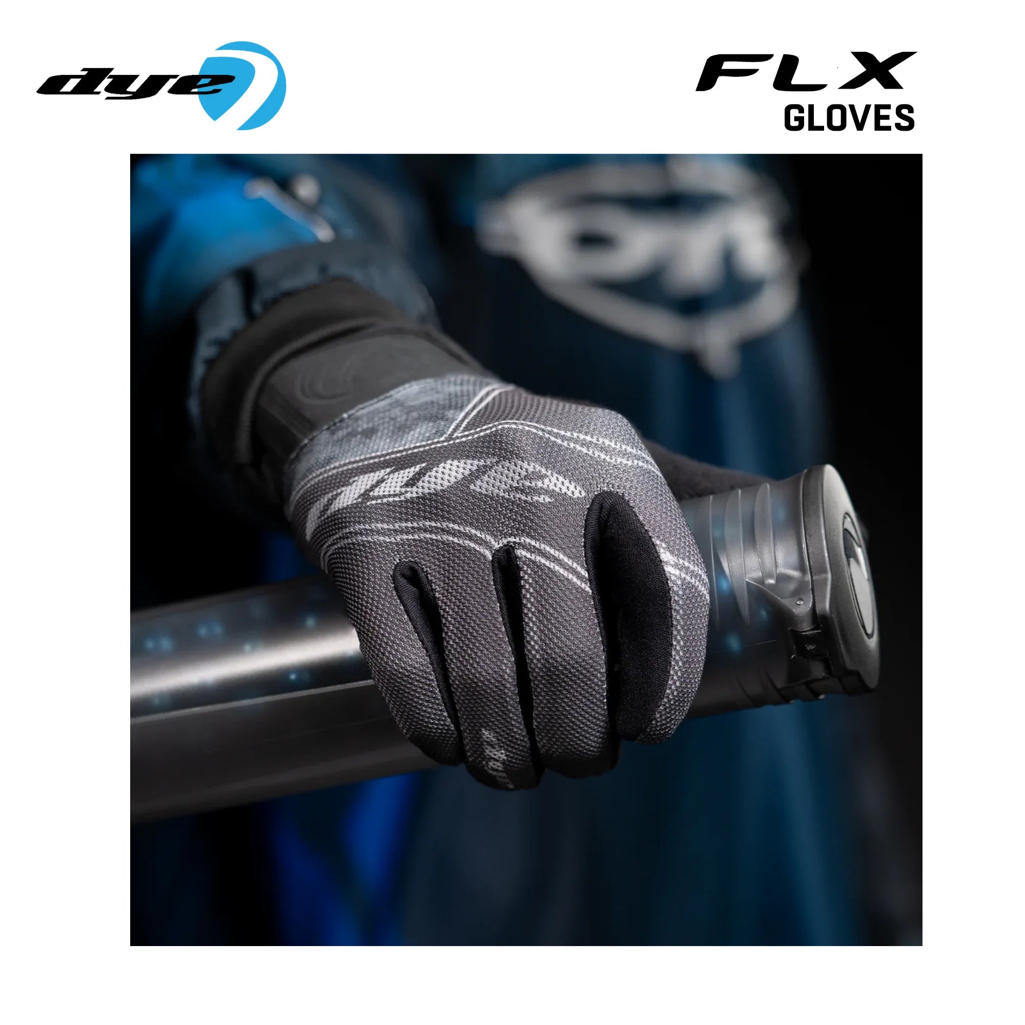DYE FLX Forged paintball gloves in black and grey detail view