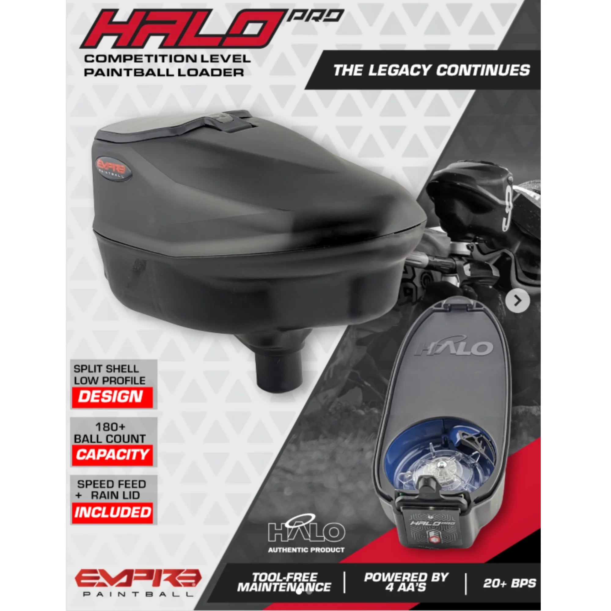 Empire Halo Pro Electronic Loader Built-In Speed std config, speed feed, reduced spills, for speedball, front angle