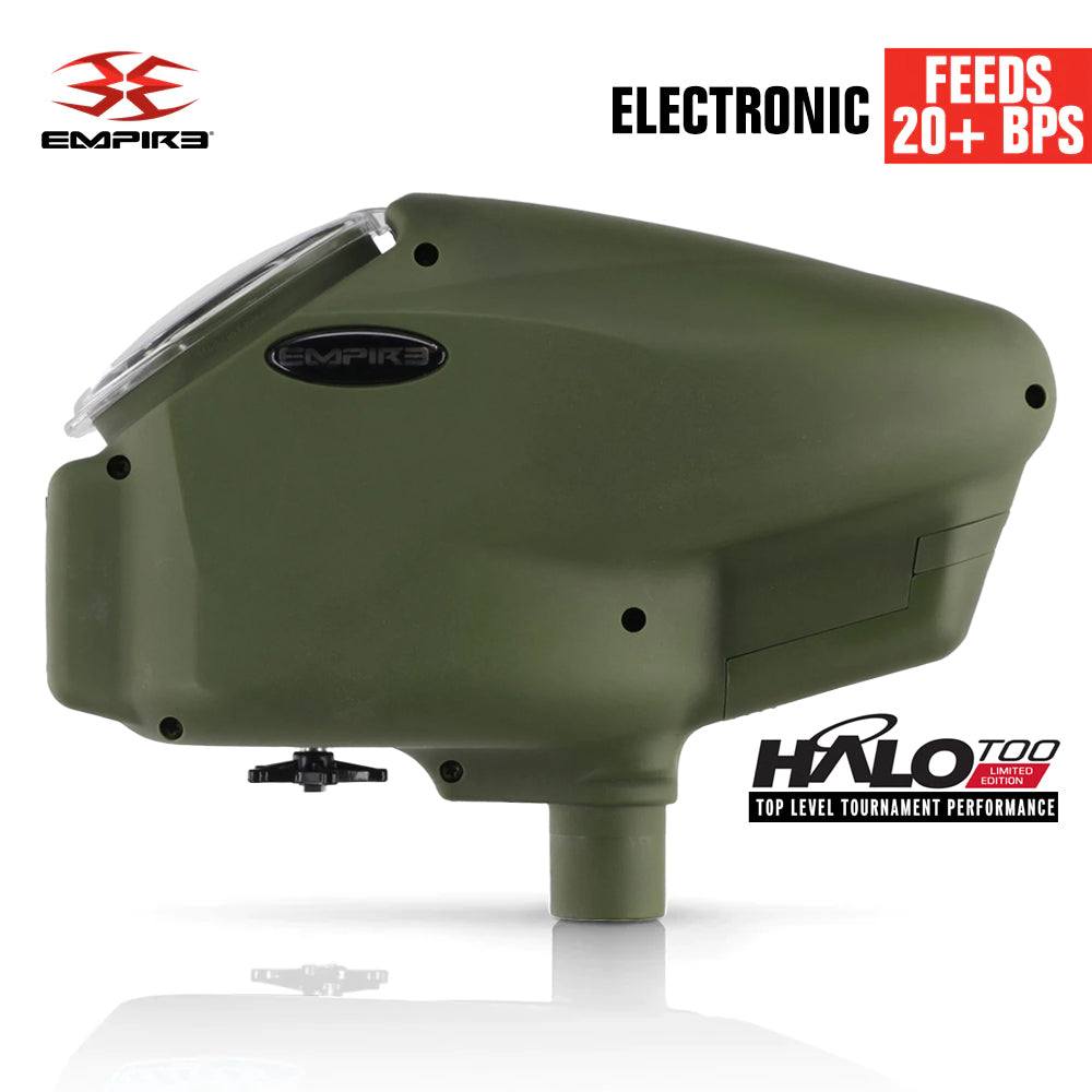 Limited Edition Empire Halo Too electronic paintball loader hopper in matte green with 20+ BPS feed rate and HK Army Epic Speed Feed compatibility.