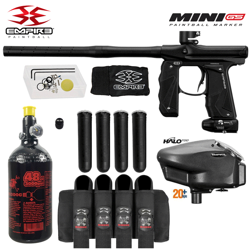 Empire Mini GS Package full auto .68 caliber paintball marker with 48/3000 HPA tank, Empire Halo Too loader, 4-pod harness, and four pods starter kit