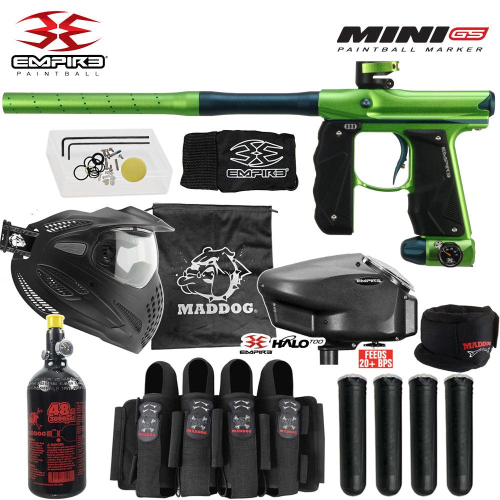 Empire Mini GS Full Auto Electronic Paintball Gun Marker with Maddog Elite Starter Package including thermal anti-fog mask, HPA tank, electronic loader, neck protector, harness, and paintball pods