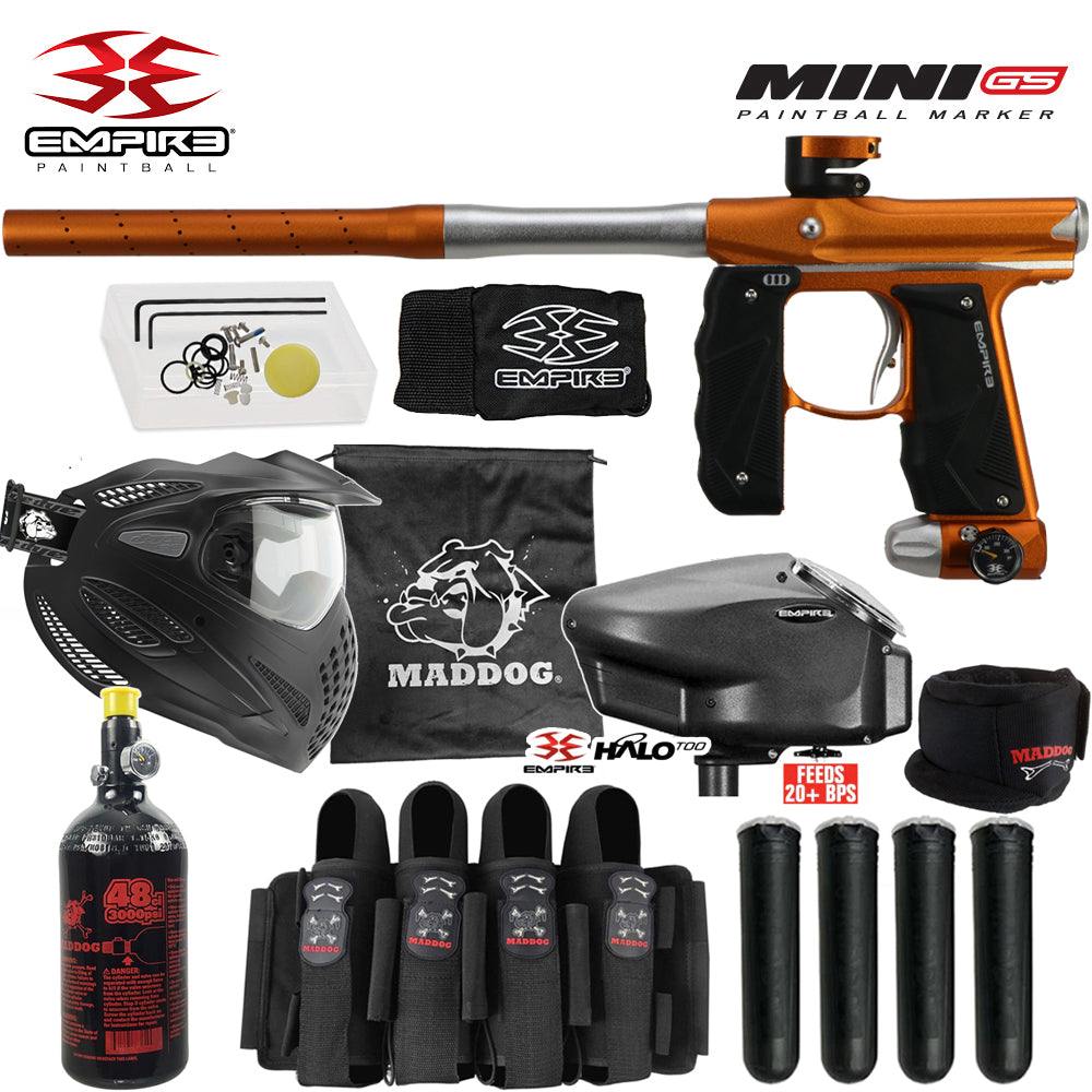Full auto electronic .68 caliber Empire Mini GS paintball gun starter package with thermal anti-fog mask, HPA tank, loader, neck protector, harness, and pods