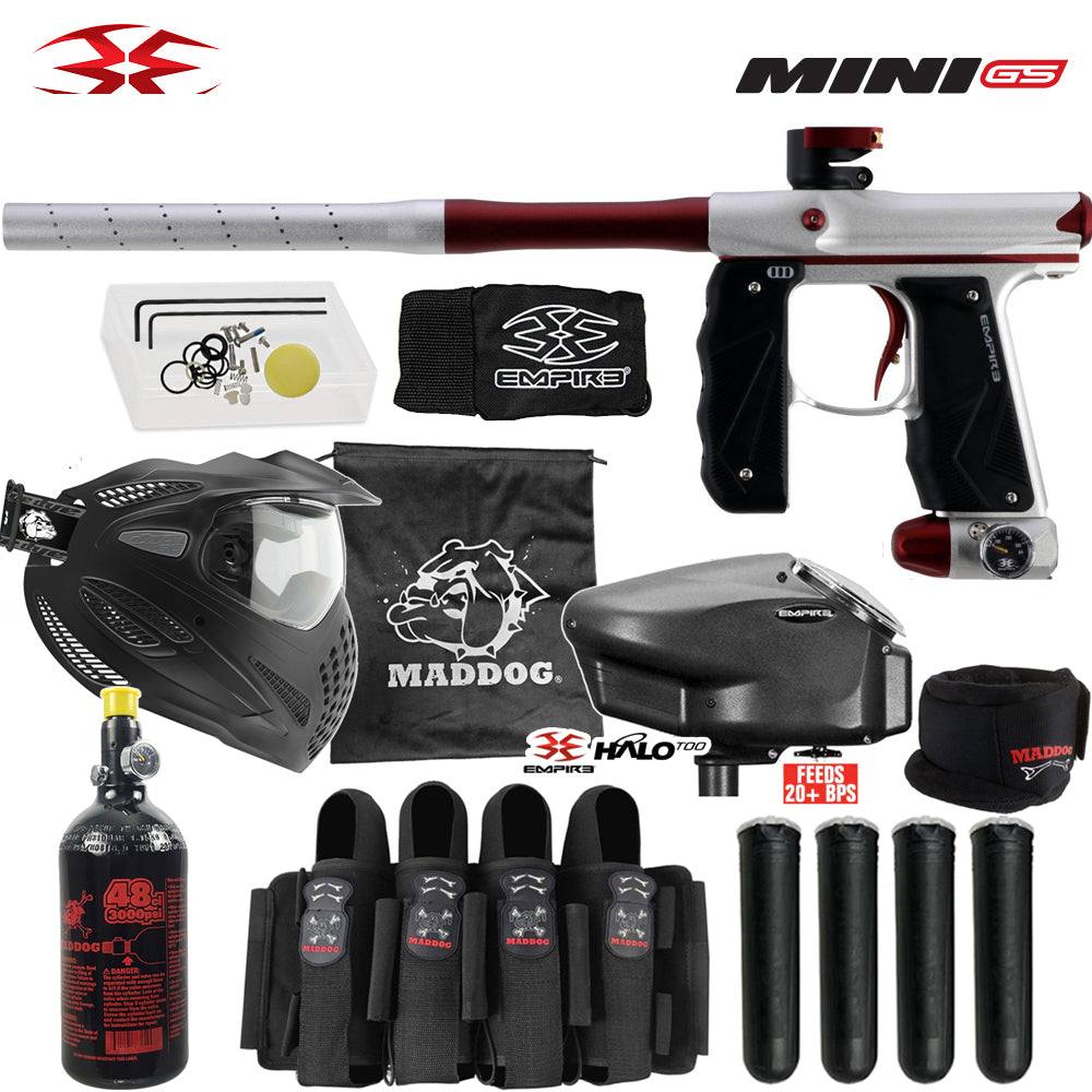 Empire Mini GS .68 Cal Full Auto Electronic Paintball Gun Marker with Maddog Elite Thermal Mask, HPA Tank, Halo Too Loader, Neck Protector, Harness, and Paintball Pods Package