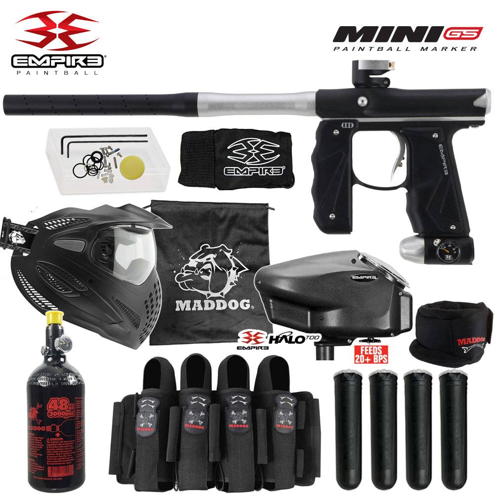 Empire Mini GS .68 Cal full auto electronic paintball gun with thermal anti-fog mask, HPA tank, Halo Too loader, neck protector, harness, and pods starter package