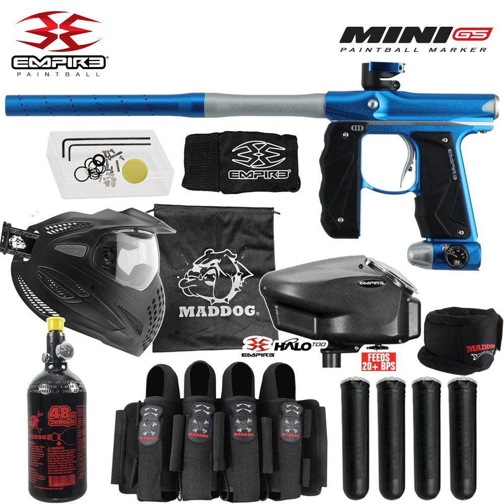 Full Auto Electronic Paintball Gun package with blue Empire Mini GS marker, thermal anti-fog mask, HPA tank, electronic loader, neck protector, harness, and paintball pods