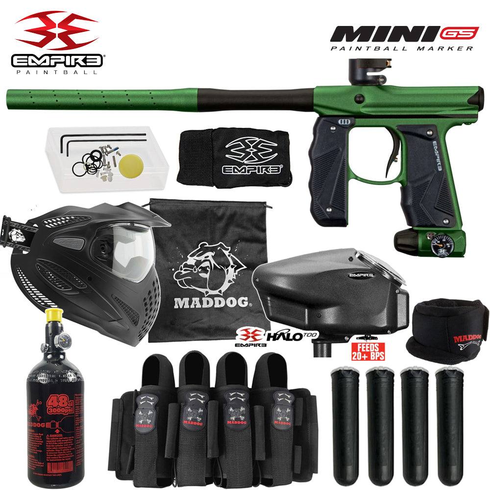 Empire Mini GS full auto electronic .68 caliber paintball gun marker with Maddog Elite thermal anti-fog mask, HPA tank, Empire Halo loader, neck protector, pro harness, and paintball pods starter package