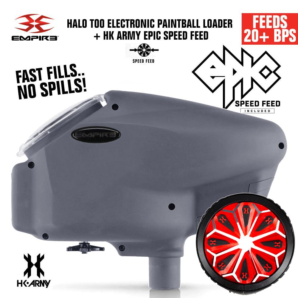 Limited Edition Empire Halo Too electronic paintball loader hopper in matte black with HK Army Epic Speed Feed, feeding 20+ balls per second and anti-jam technology