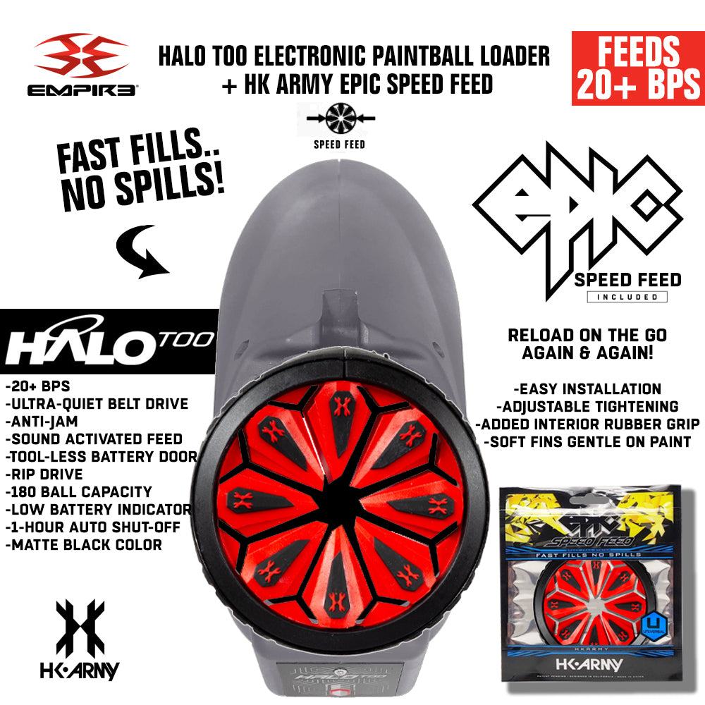 Limited Edition Empire Halo Too electronic paintball loader hopper in matte black with HK Army Epic Speed Feed, 20+ balls per second feeding, anti-jam technology, and 180 ball capacity.