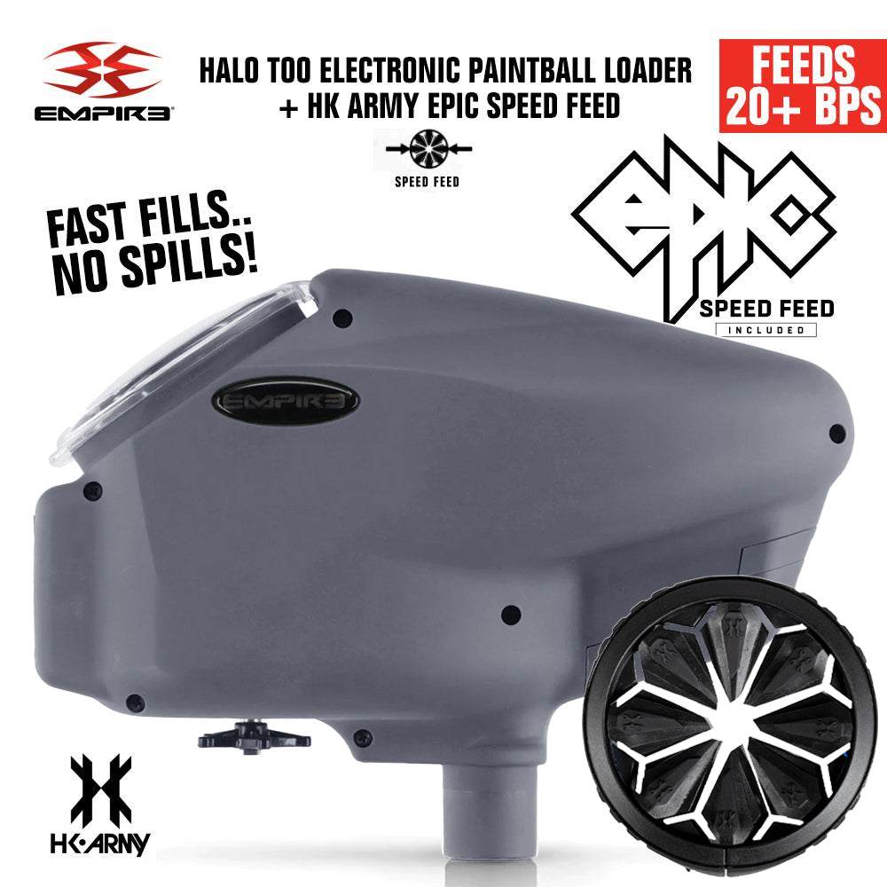 Limited Edition Empire Halo Too matte black electronic paintball loader with HK Army Epic Speed Feed, 20+ BPS, anti-jam system, and 180 ball capacity