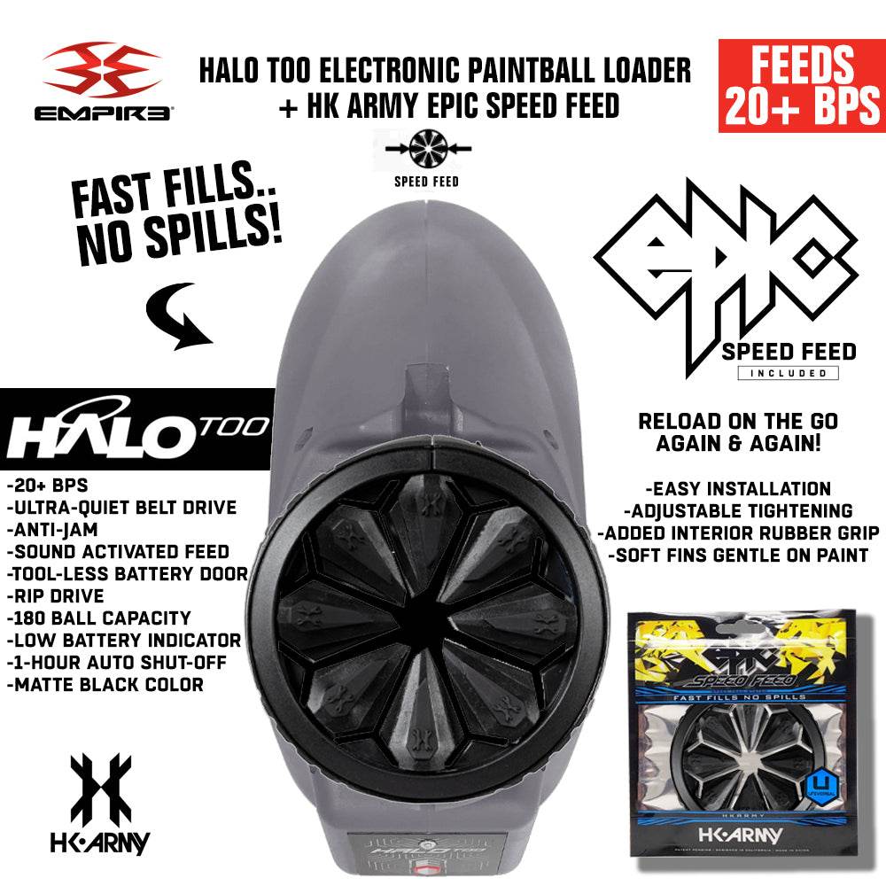 Limited Edition Empire Halo Too electronic paintball loader hopper in matte black with HK Army Epic Speed Feed, featuring 20+ BPS, anti-jam, ultra-quiet belt drive, and 180 ball capacity