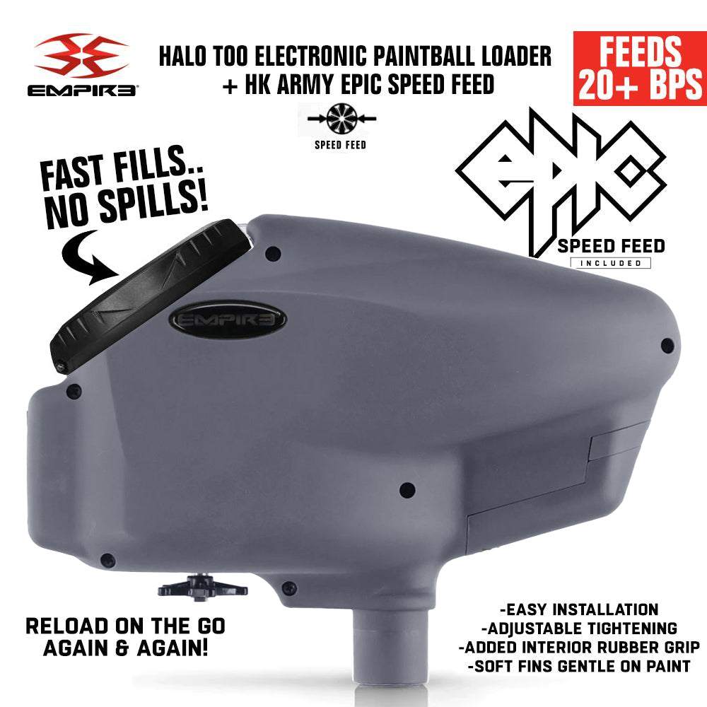 Limited Edition Empire Halo Too electronic paintball loader hopper in matte black with HK Army Epic Speed Feed, feeds 20+ balls per second, anti-jam and soft fins for fast, spill-free loading.