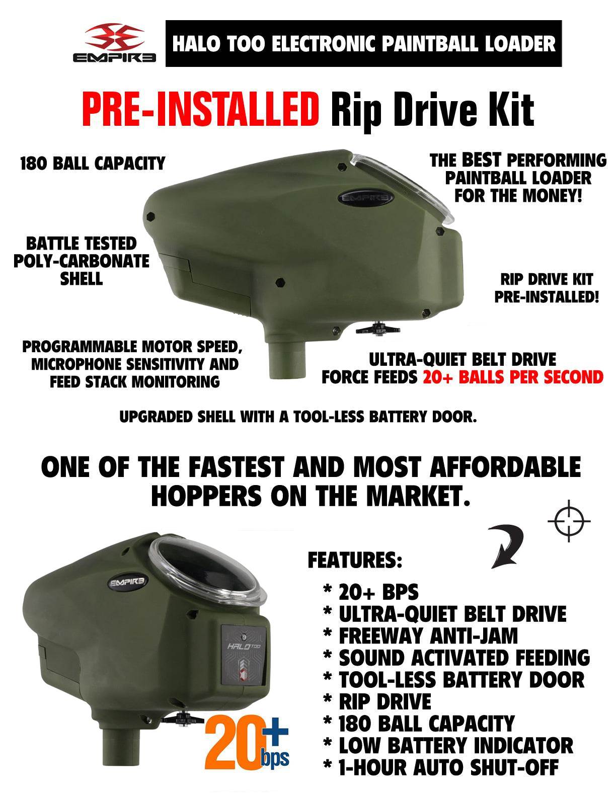 Limited Edition Empire Halo Too electronic paintball loader hopper with matte black shell, 20+ balls per second ultra-quiet belt drive, 180 ball capacity, Freeway Anti-Jam, and HK Army Epic Speed Feed compatible.