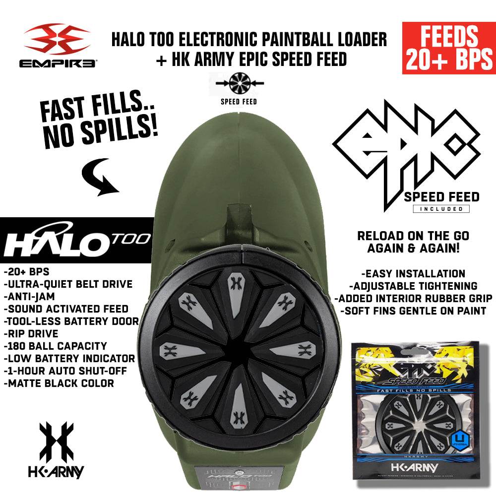 Limited Edition Empire Halo Too electronic paintball loader in matte black with HK Army Epic Speed Feed, featuring 20+ BPS feeding rate, anti-jam technology, and 180 ball capacity.