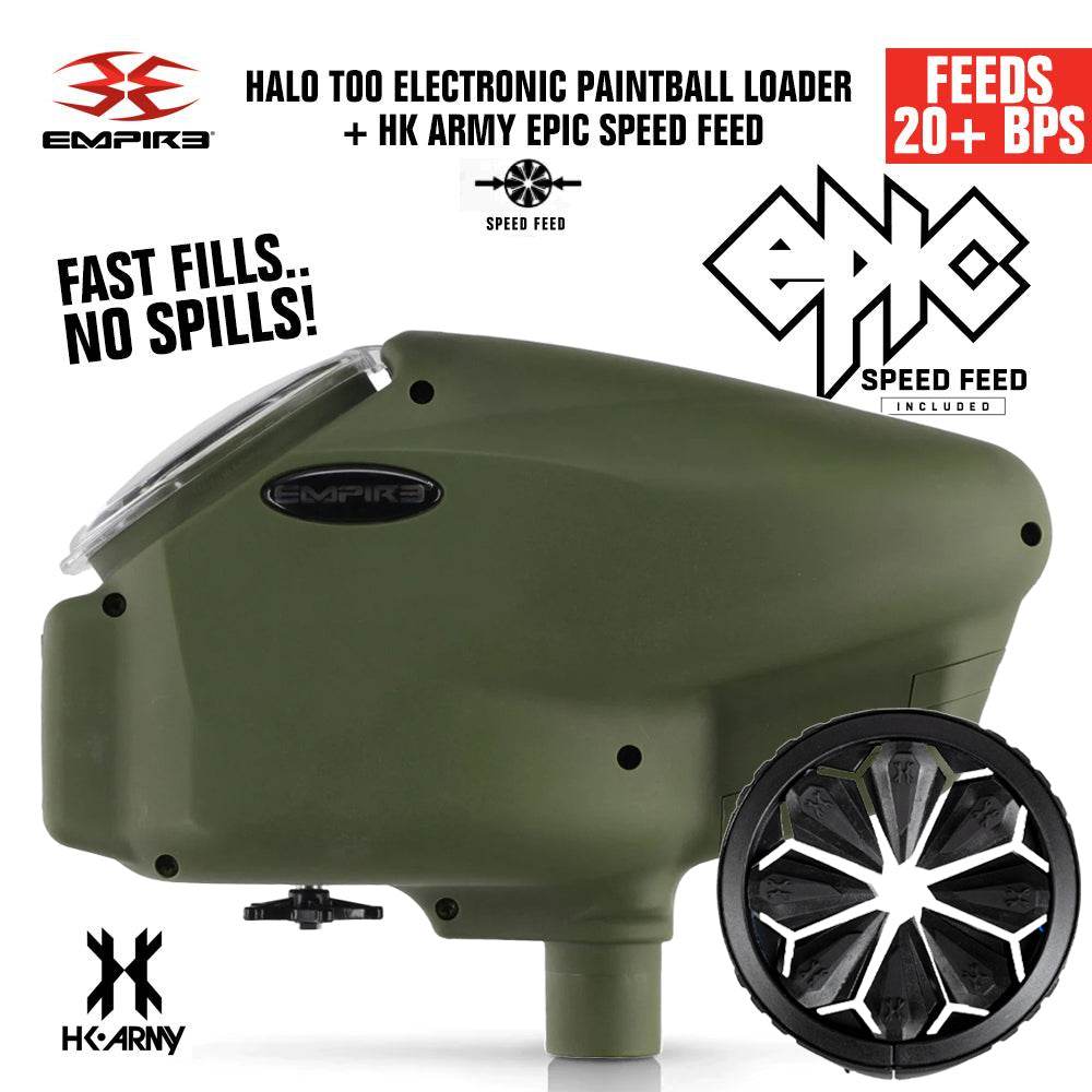 Limited Edition Empire Halo Too electronic paintball loader in matte green with HK Army Epic Speed Feed, feeding 20+ balls per second and anti-jam technology.