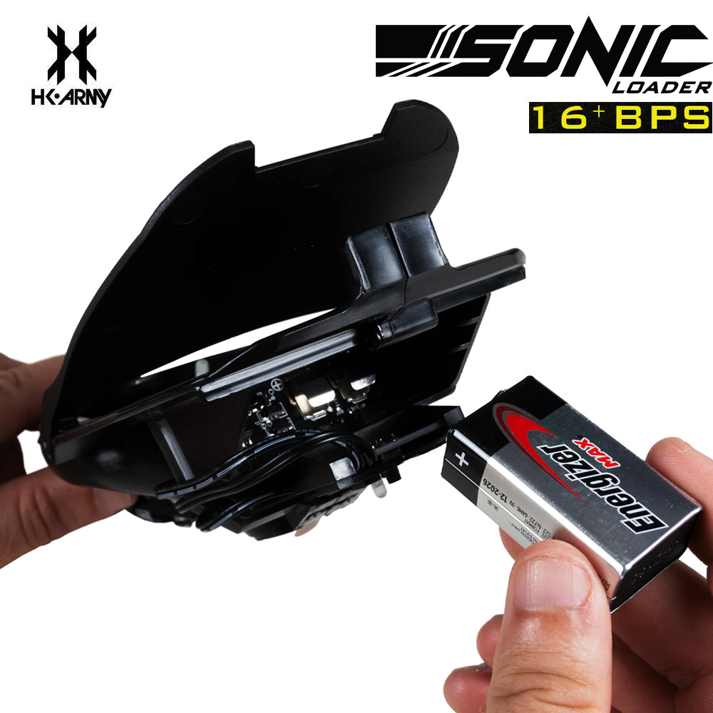 HK Army Sonic Electronic Loader – 16+ BPS Motorized std config, hopper loader, reliable loading, for tournament, display angle
