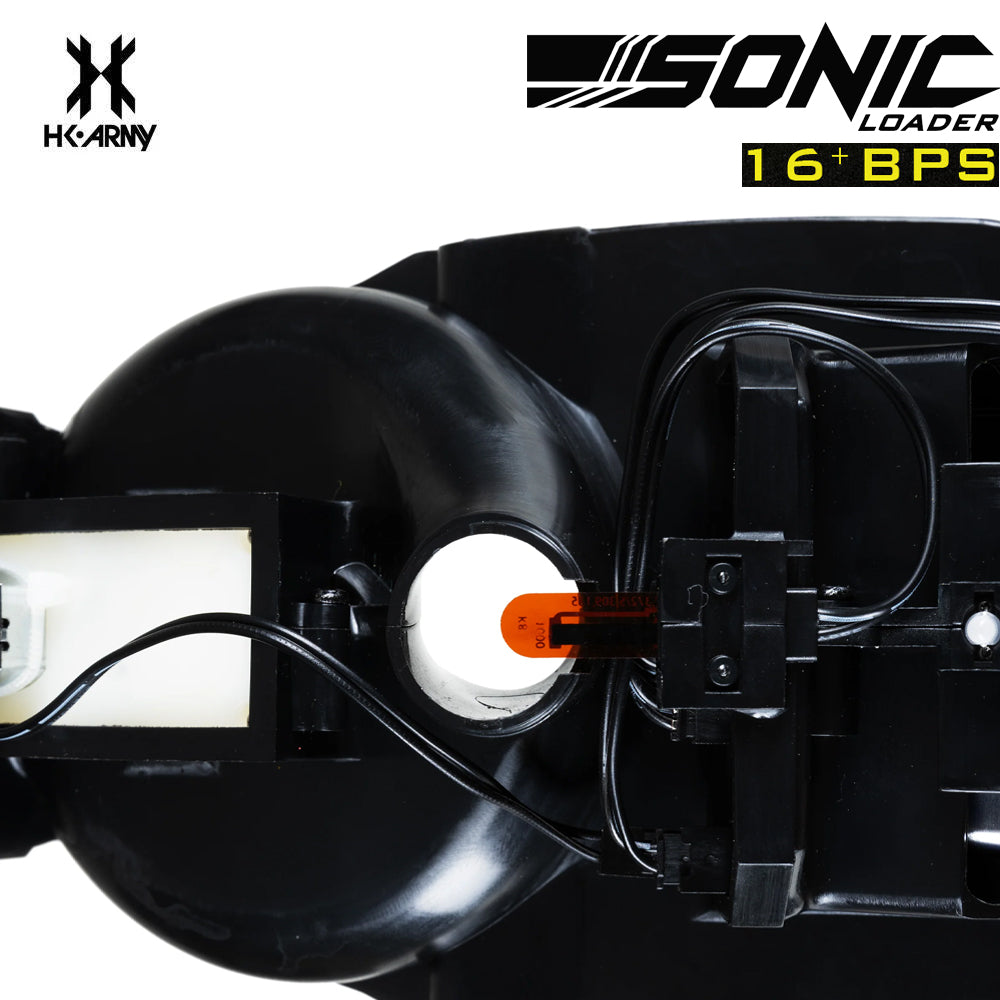 HK Army Sonic Electronic Loader – 16+ BPS std config, hopper loader, high speed reloads, for tournament, overview angle