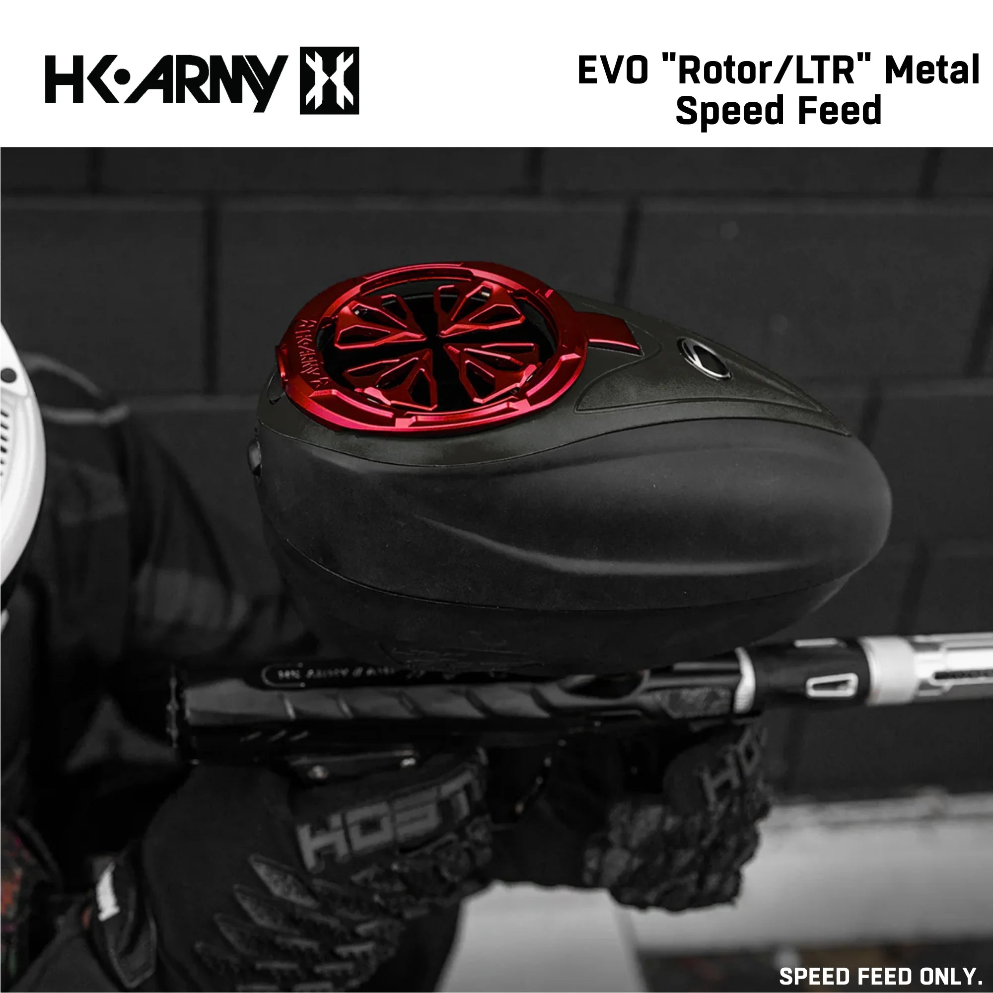 HK Army EVO Rotor/LTR Metal Speed Feed with red accents on a black background