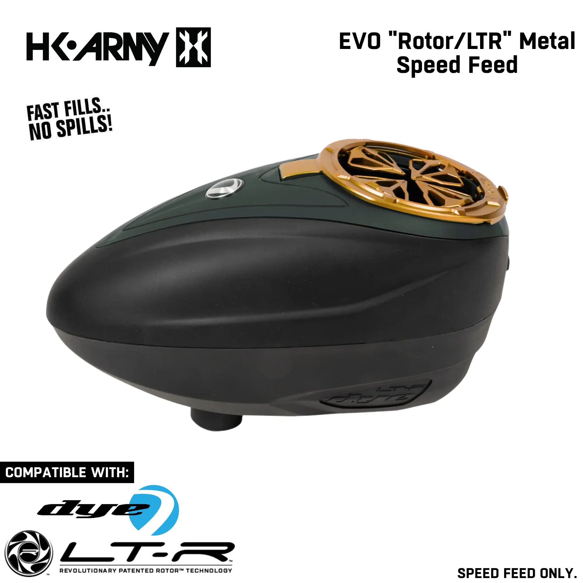 Black and gold paintball speed feed with HK Army branding on a white background
