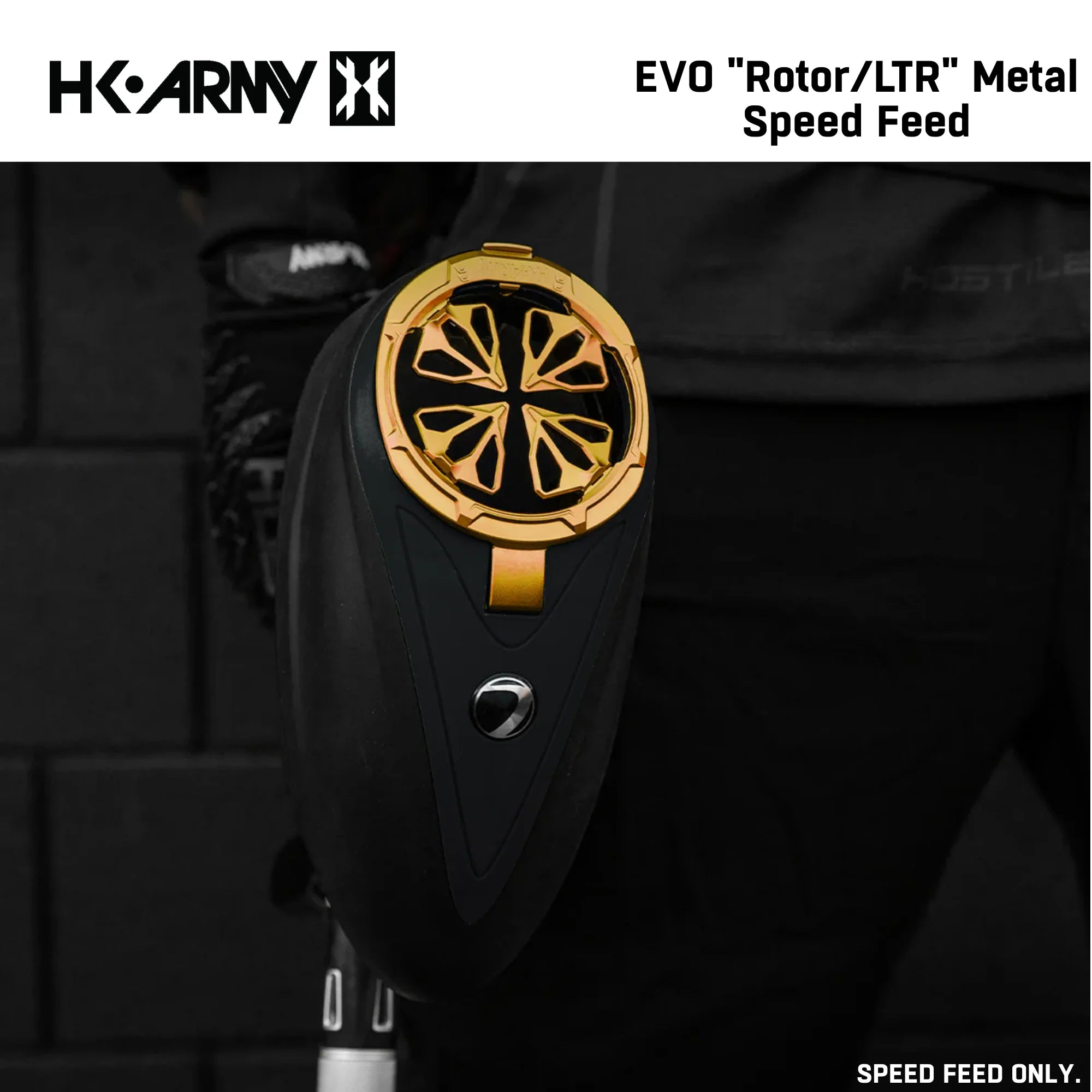 HK Army EVO Rotor LTR Metal Speed Feed with gold and black design on a dark background