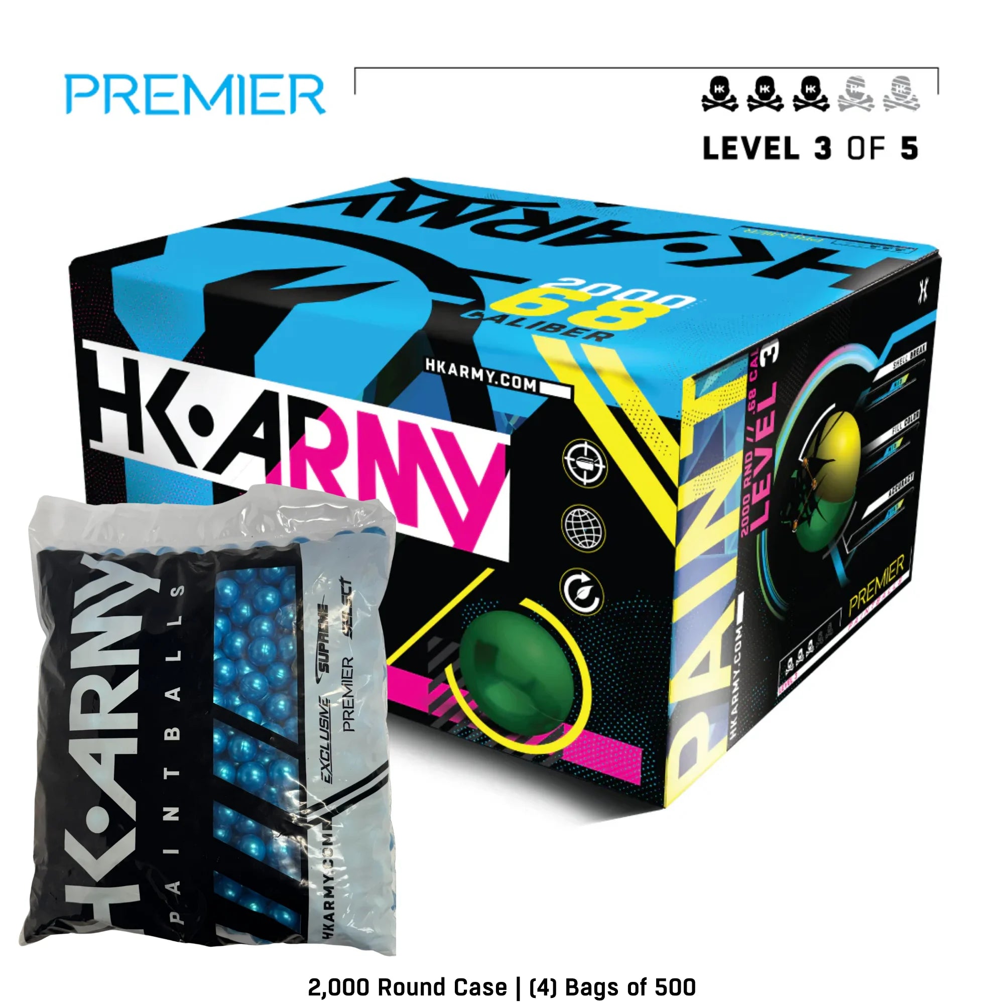 HK Army Premier Level 3.5 paintballs blue shell blue fill 2000-round case