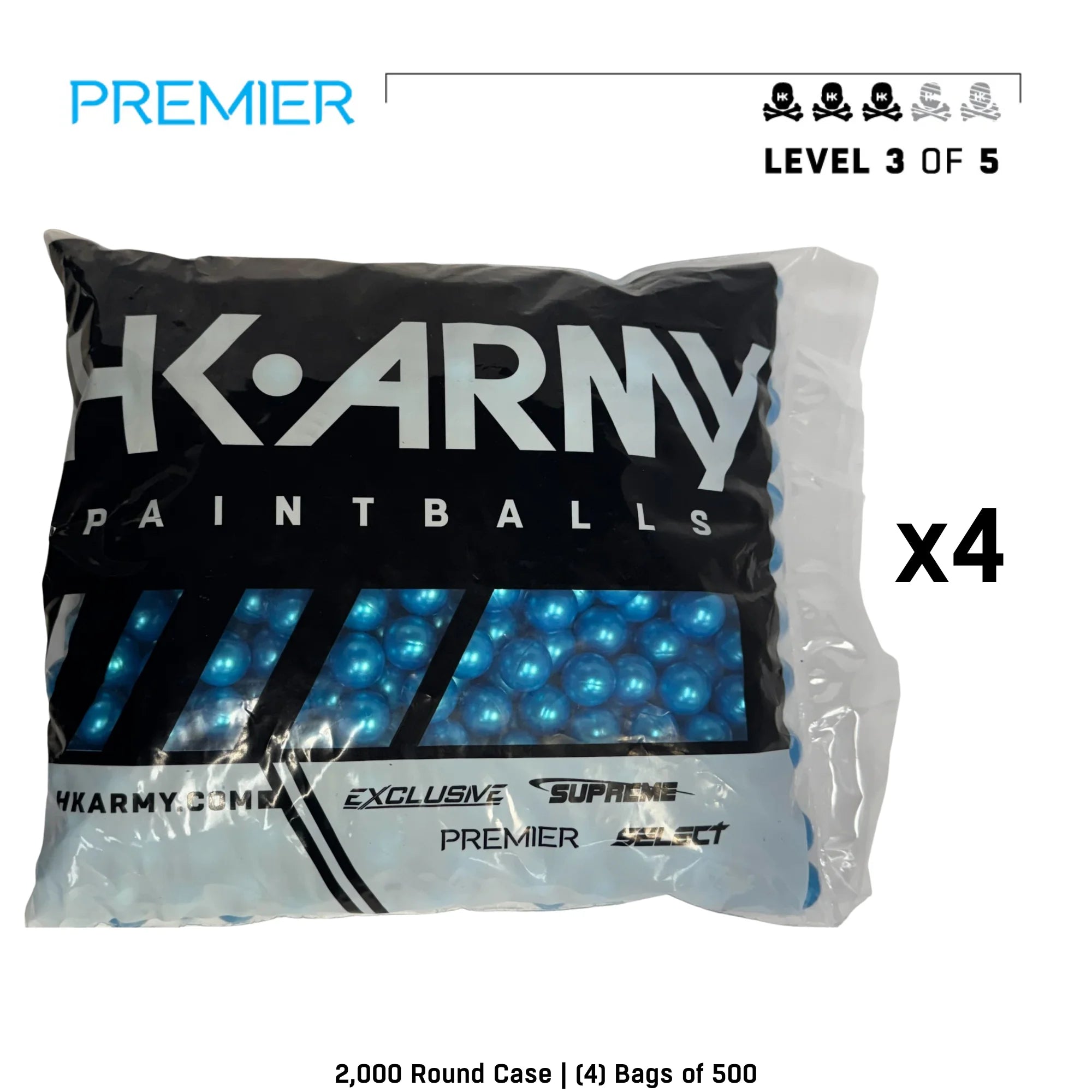 HK Army Premier Level 3.5 paintballs blue shell blue fill 2000-round case side view