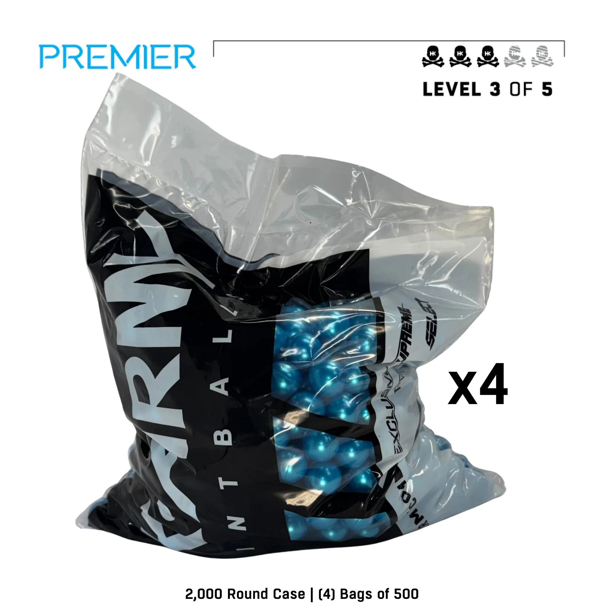 HK Army Premier Level 3.5 paintballs blue shell blue fill 2000-round case angled view