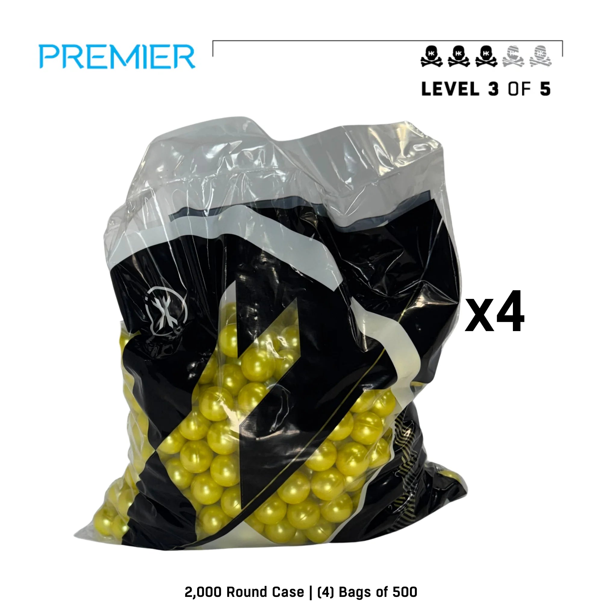 HK Army Premier Level 3.5 paintballs yellow shell 2000-round case side view