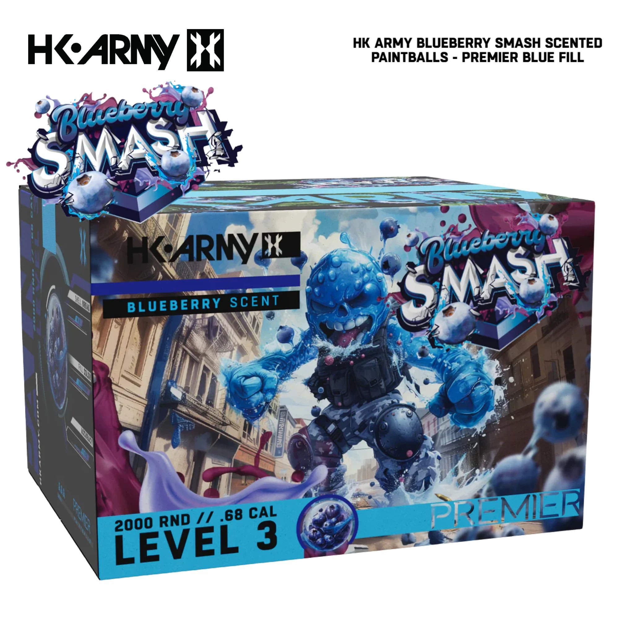 HK Army Premier Blueberry Smash scented paintballs blue fill 2000-round case
