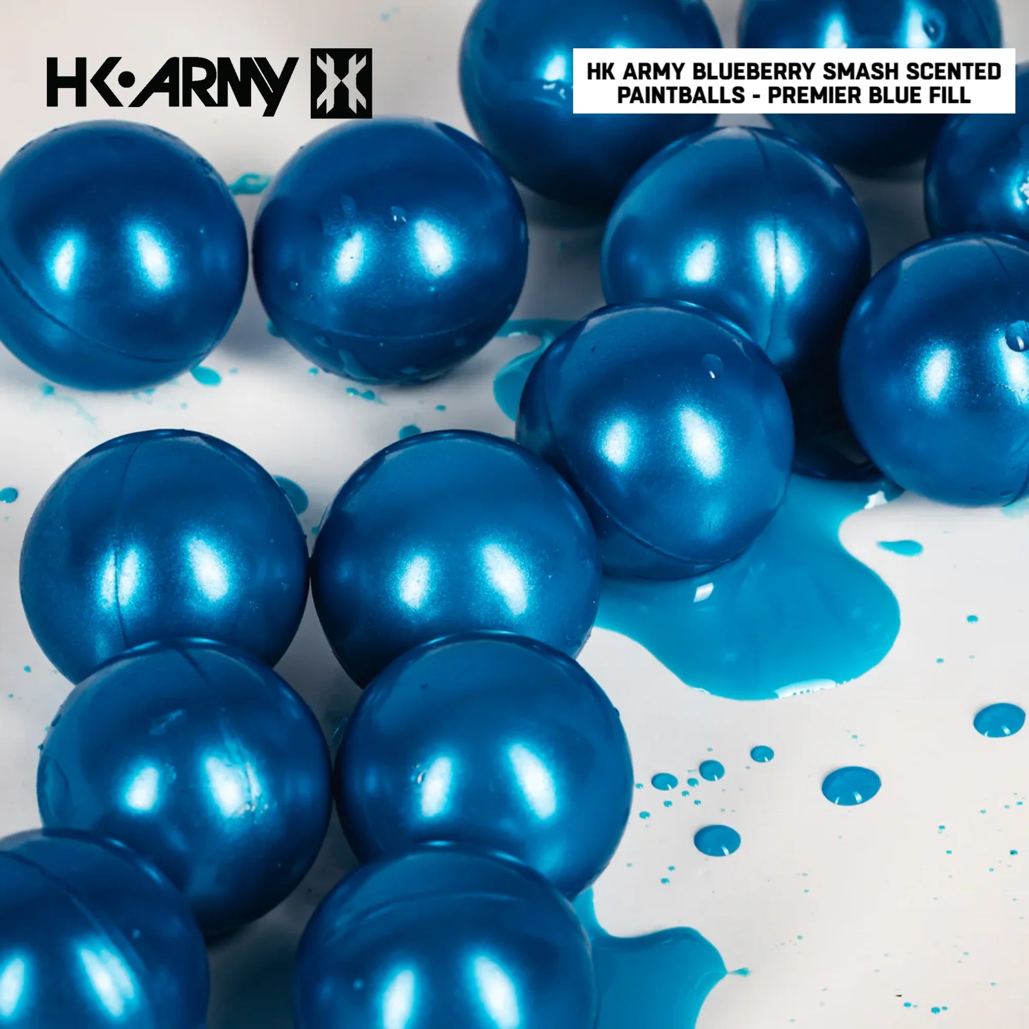 HK Army Premier Blueberry Smash scented paintballs blue fill 2000-round case side view