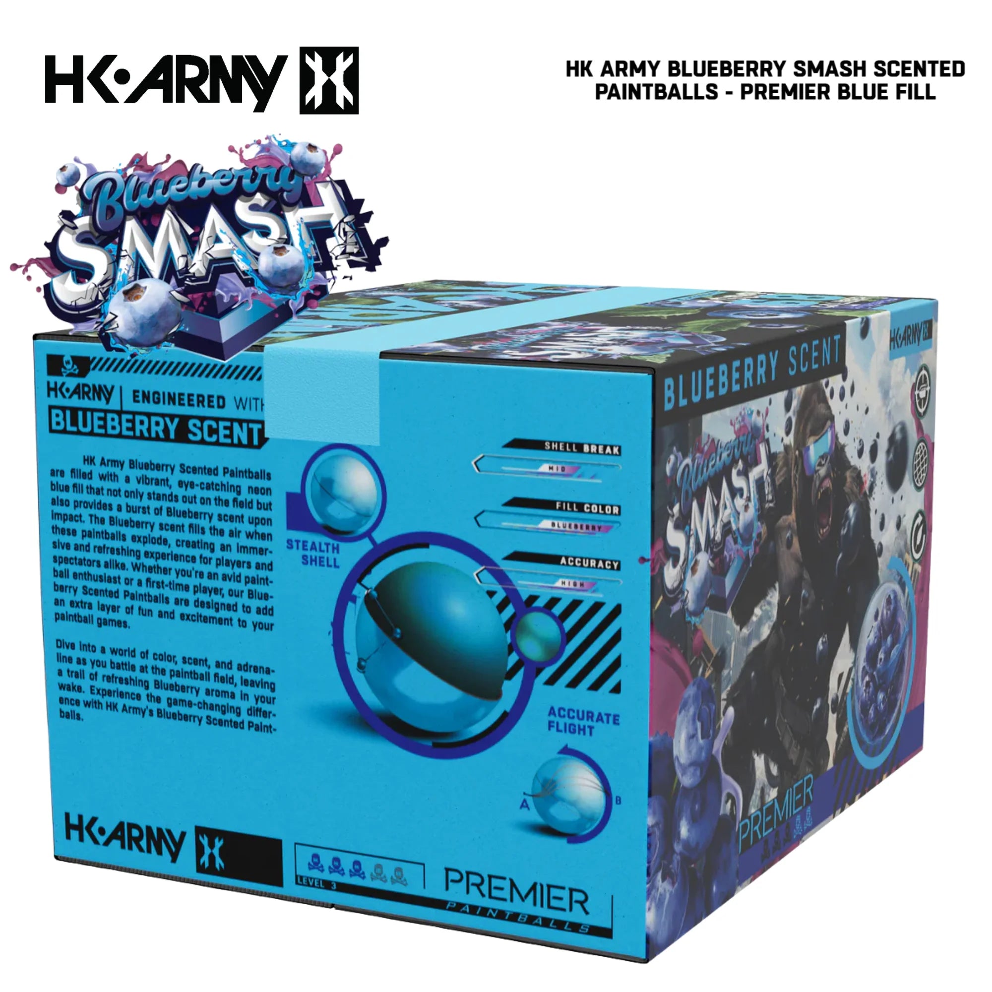 HK Army Premier Blueberry Smash scented paintballs blue fill 2000-round case angled view