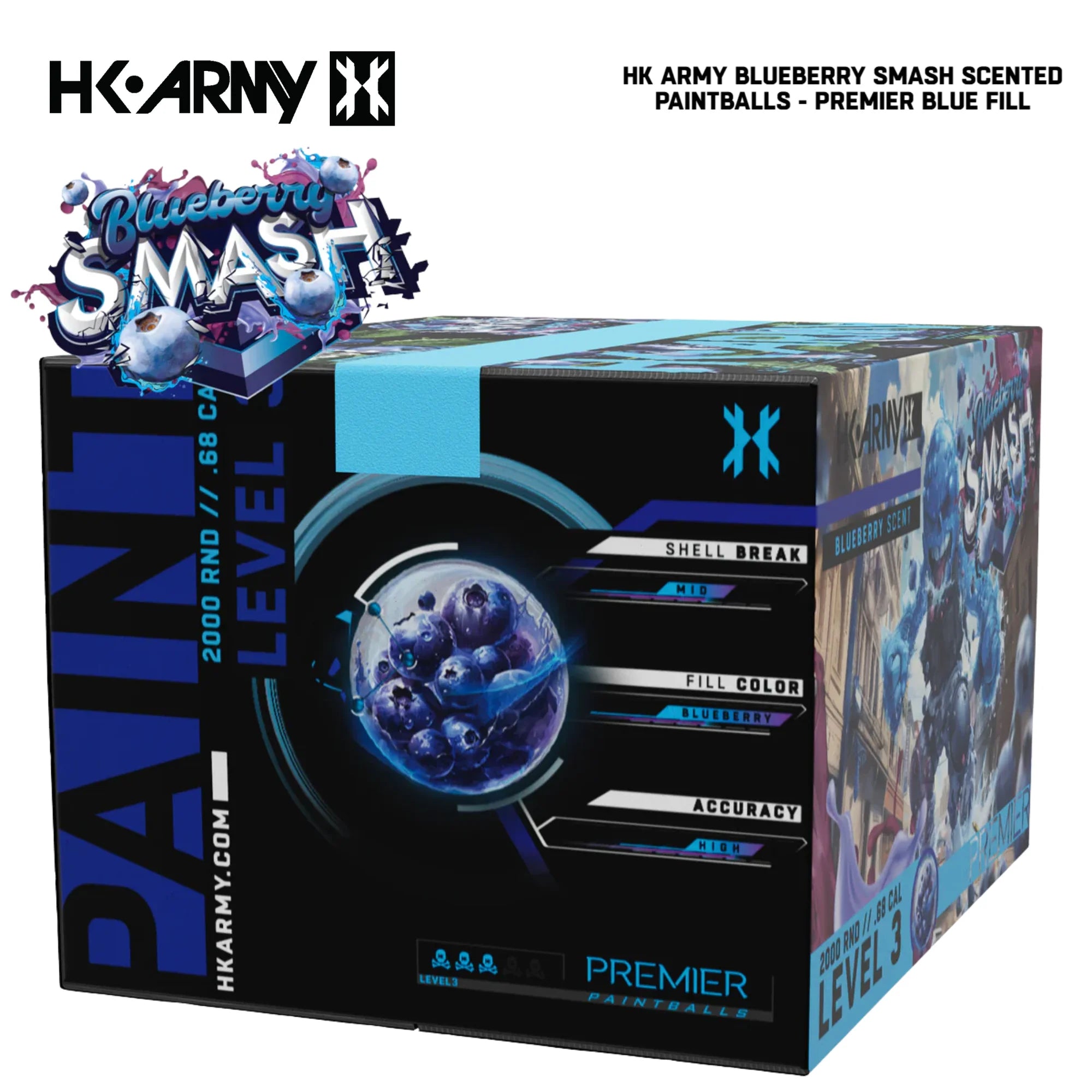 HK Army Premier Blueberry Smash scented paintballs blue fill 2000-round case detail view