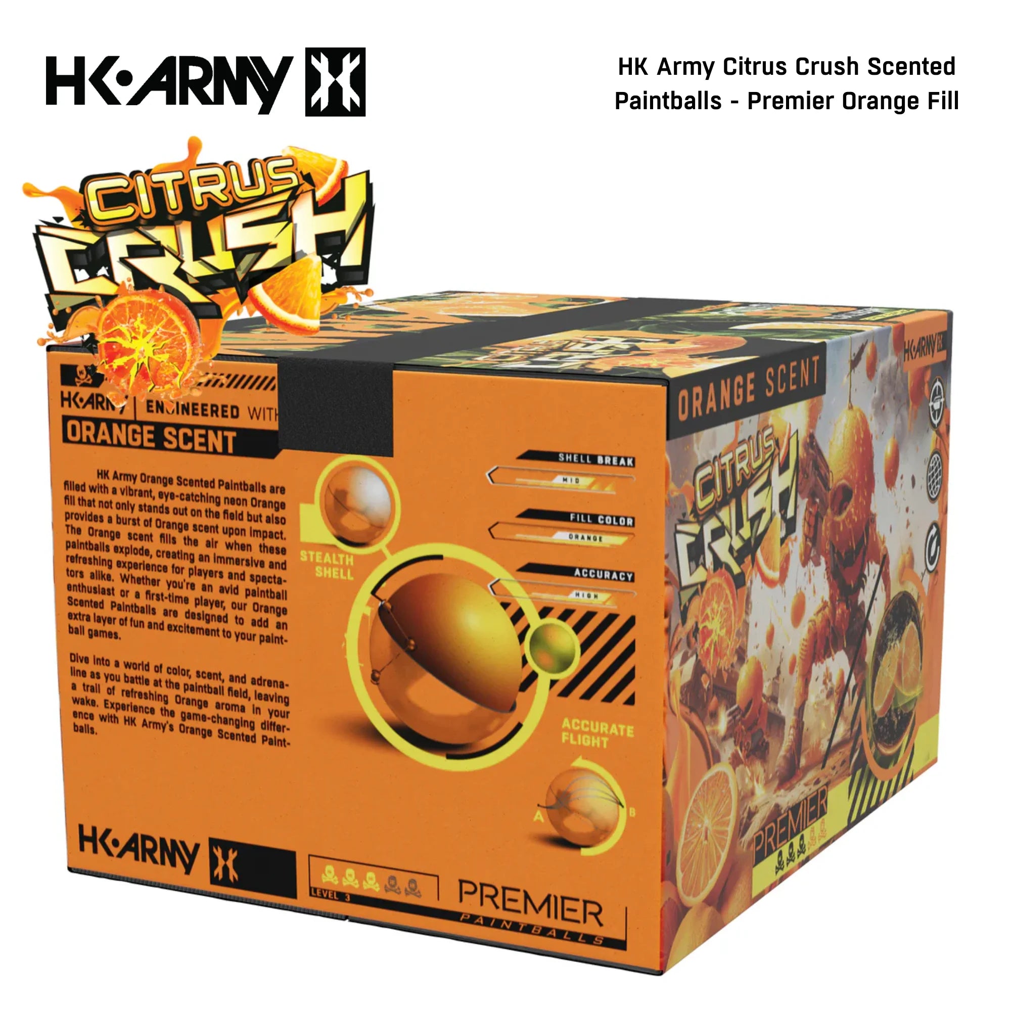 HK Army Citrus Crush Scented Paintballs – 2000 Round Case std config, accessory, everyday kit utility, for gear bags, feature detail