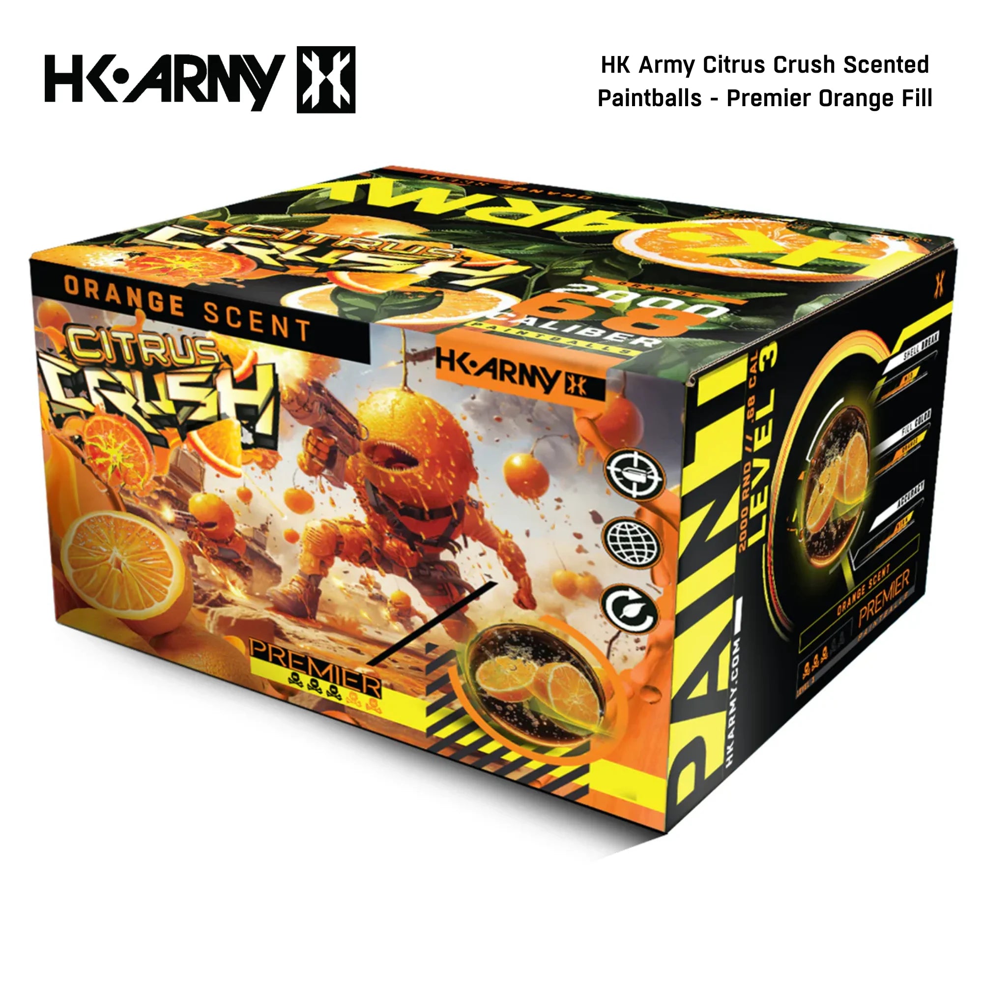 HK Army Citrus Crush Scented Paintballs – 2000 Round Case std config, accessory, everyday kit utility, for gear bags, side profile