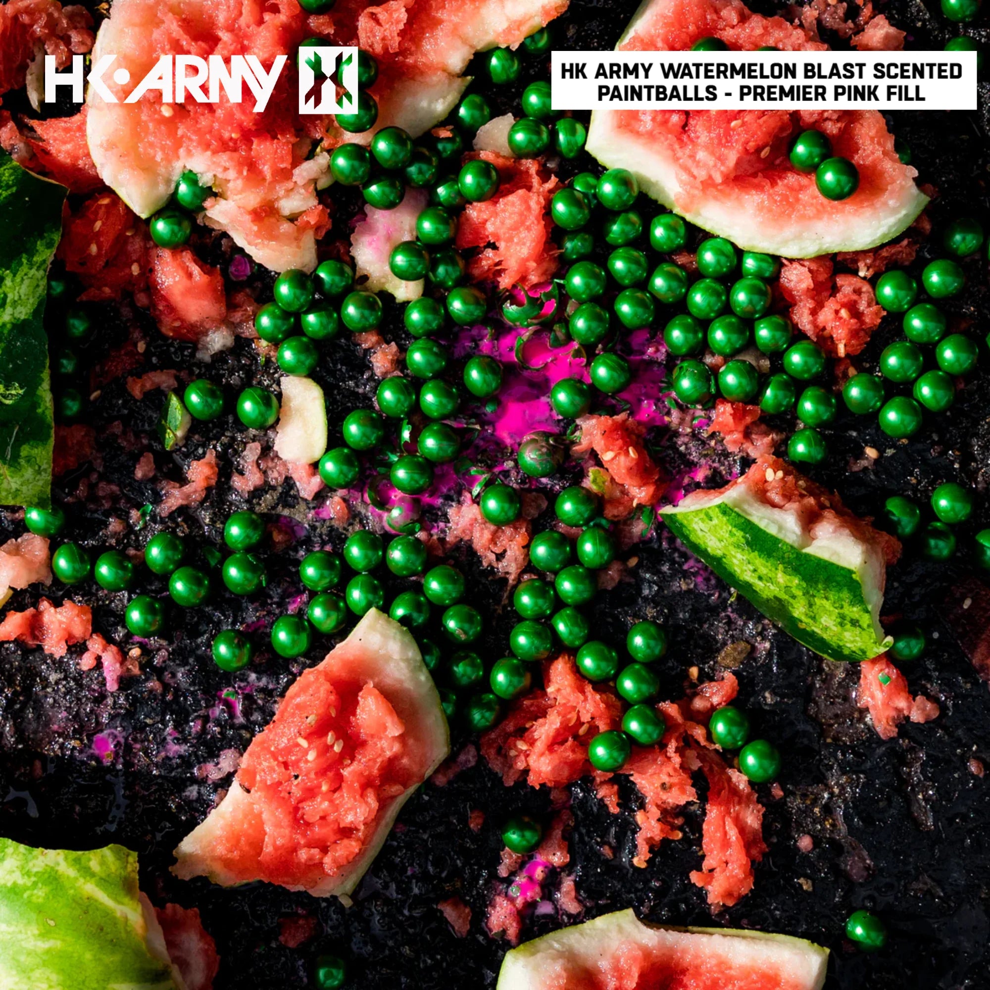 HK Army Premier Watermelon Blast scented paintballs pink fill 2000-round case detail view