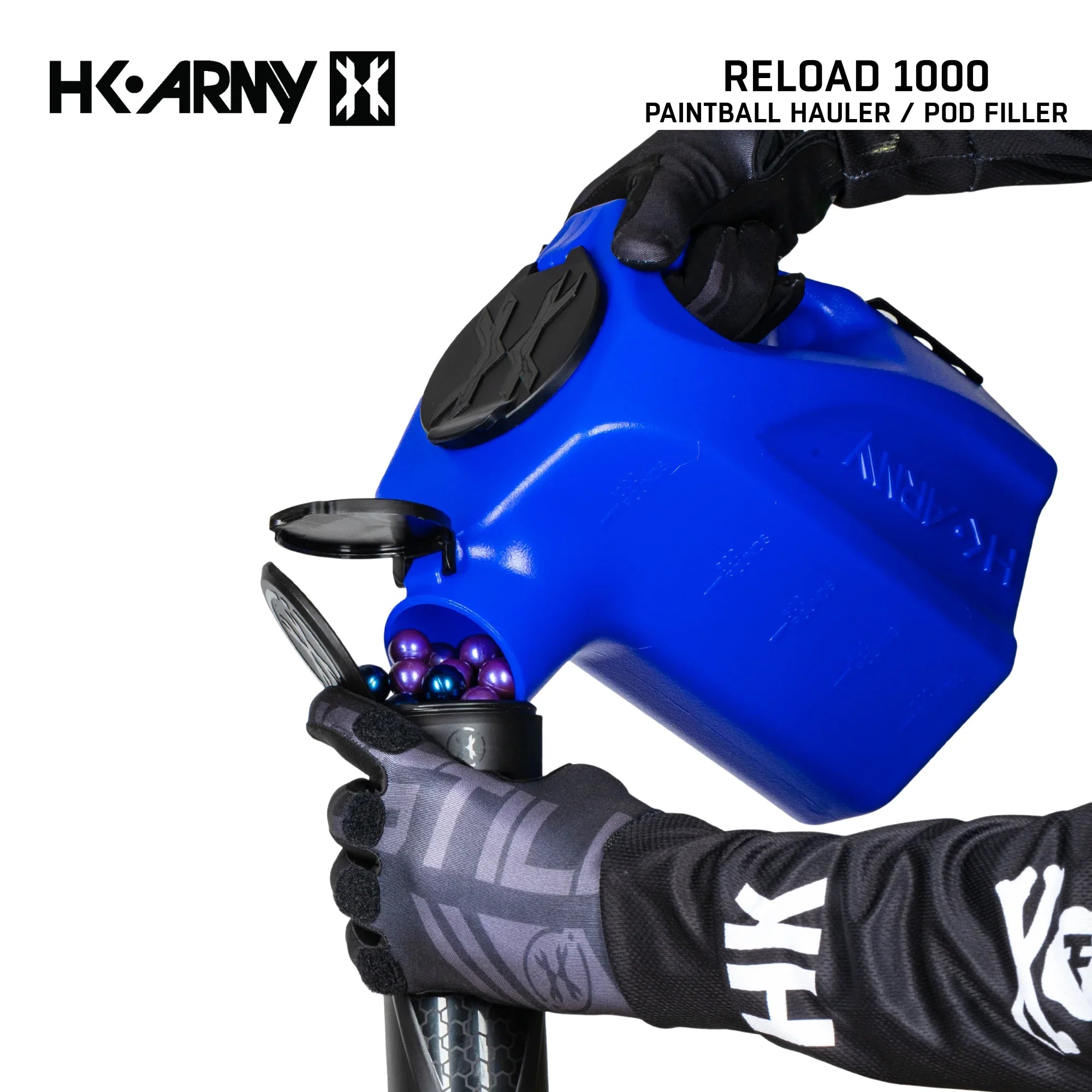 HK Army Reload 1000 round paintball hauler pod filler blue pour