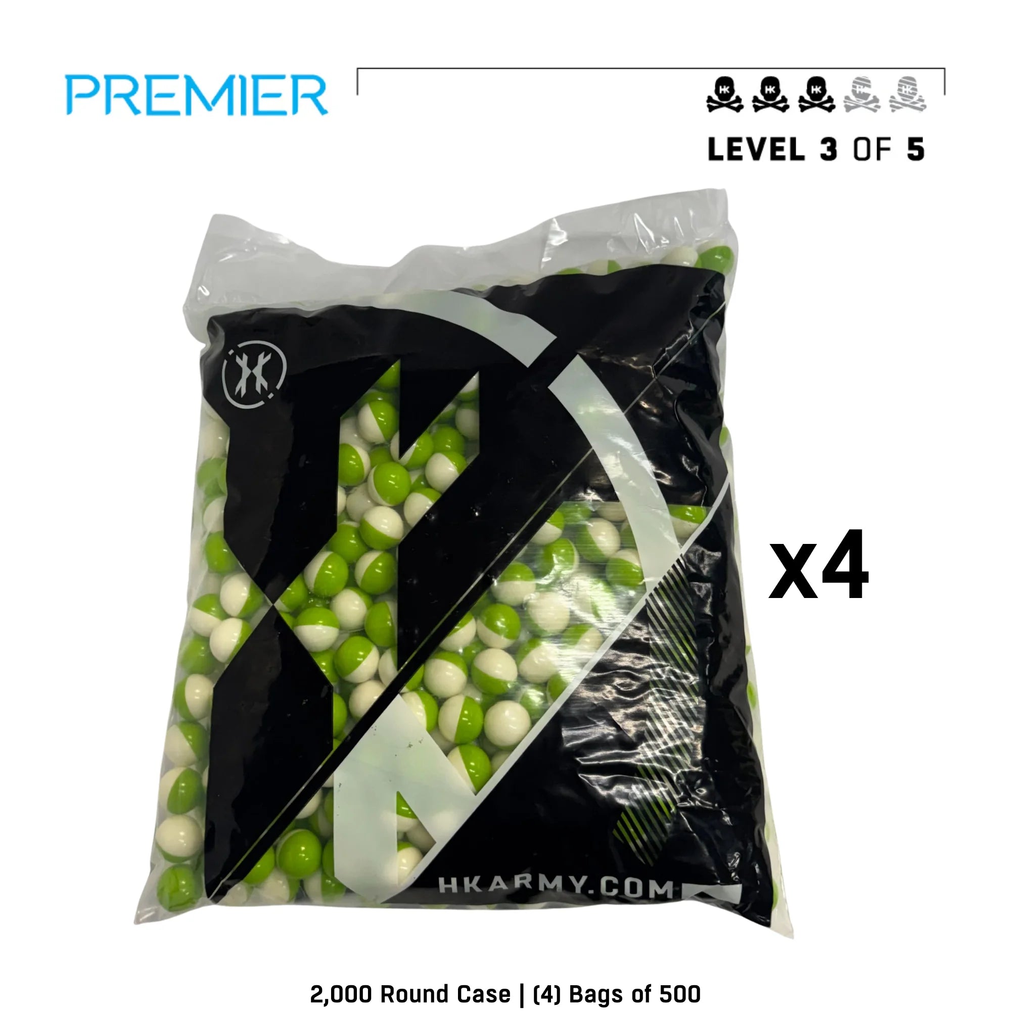 HK Army Premier Level 3.5 paintballs green and white shell white fill paintballs side view