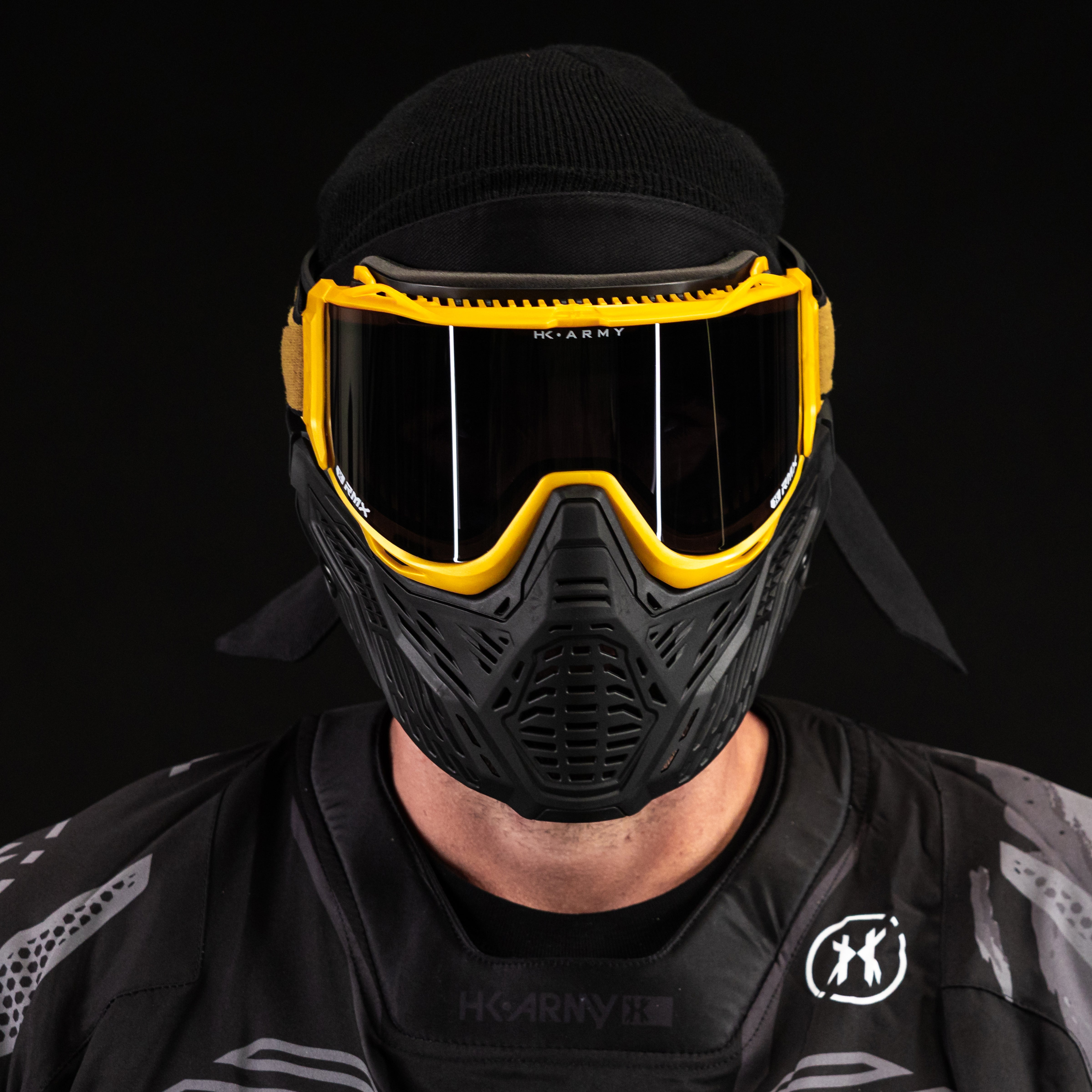 HK Army RMX Paintball Mask Goggle System Gold on-player side view