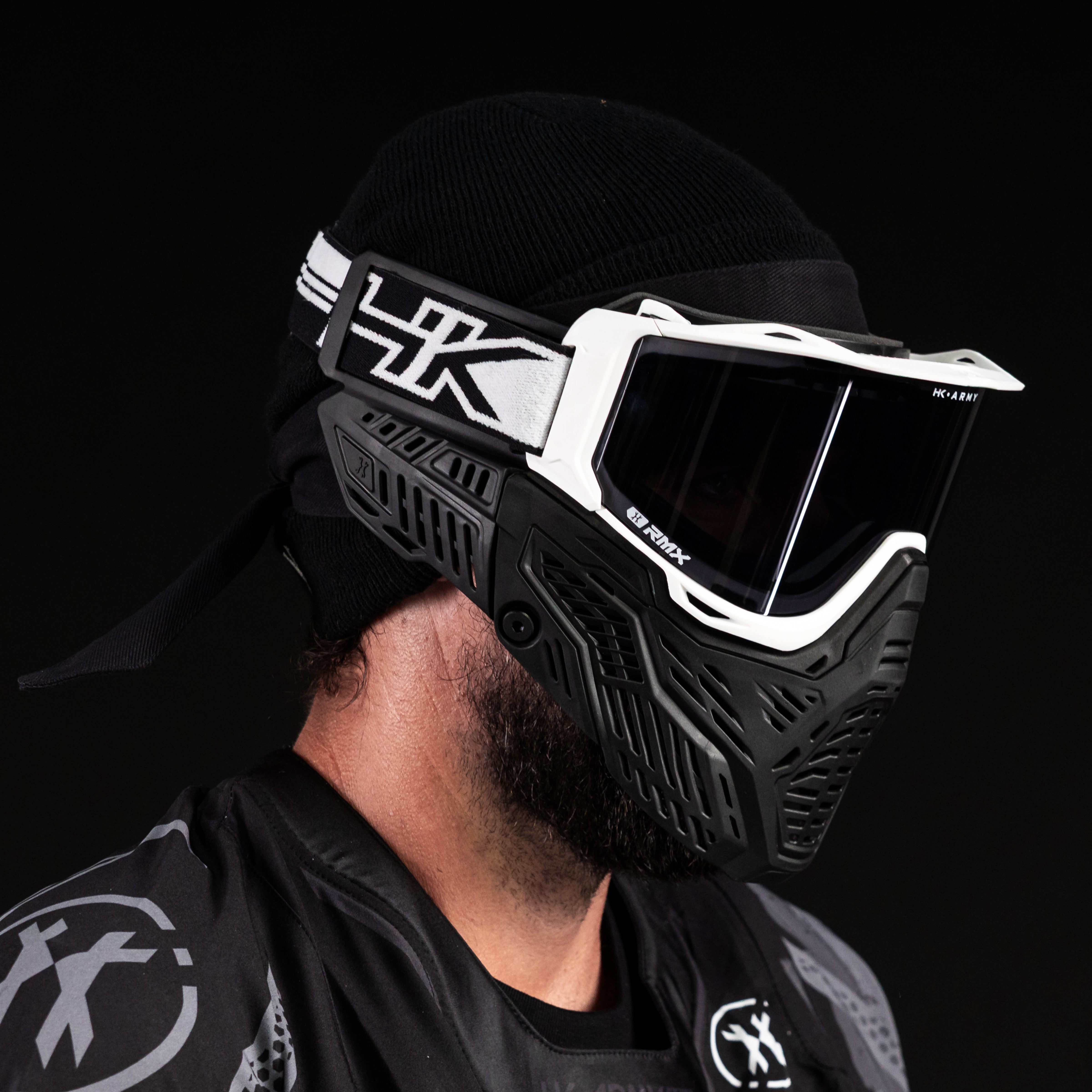 HK Army RMX Paintball Mask Goggle System White on-player side view