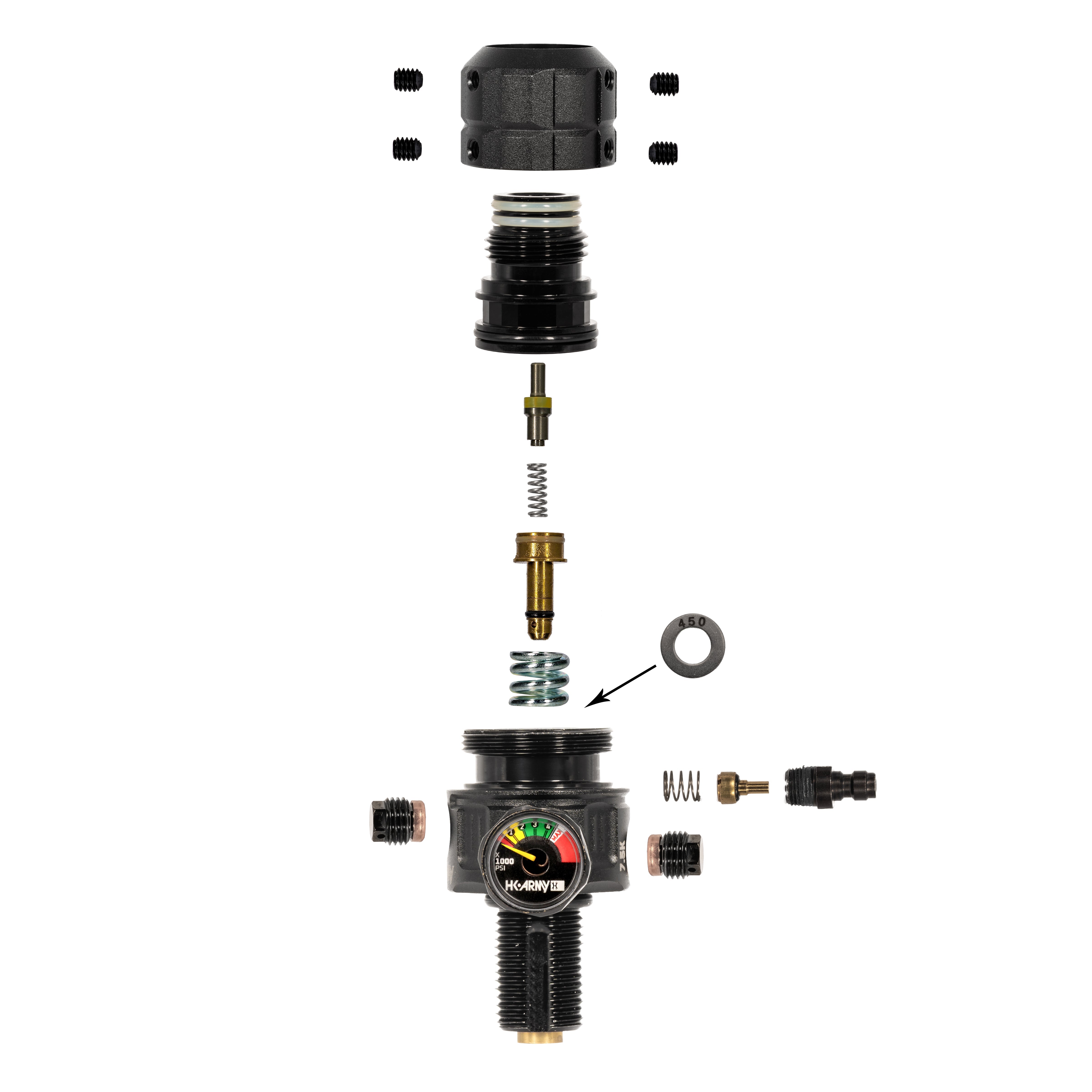 HK Army Alpha Air 68ci 4500psi Carbon Fiber HPA Tank – std config, HPA tank, durable bottle setup, for markers, side profile