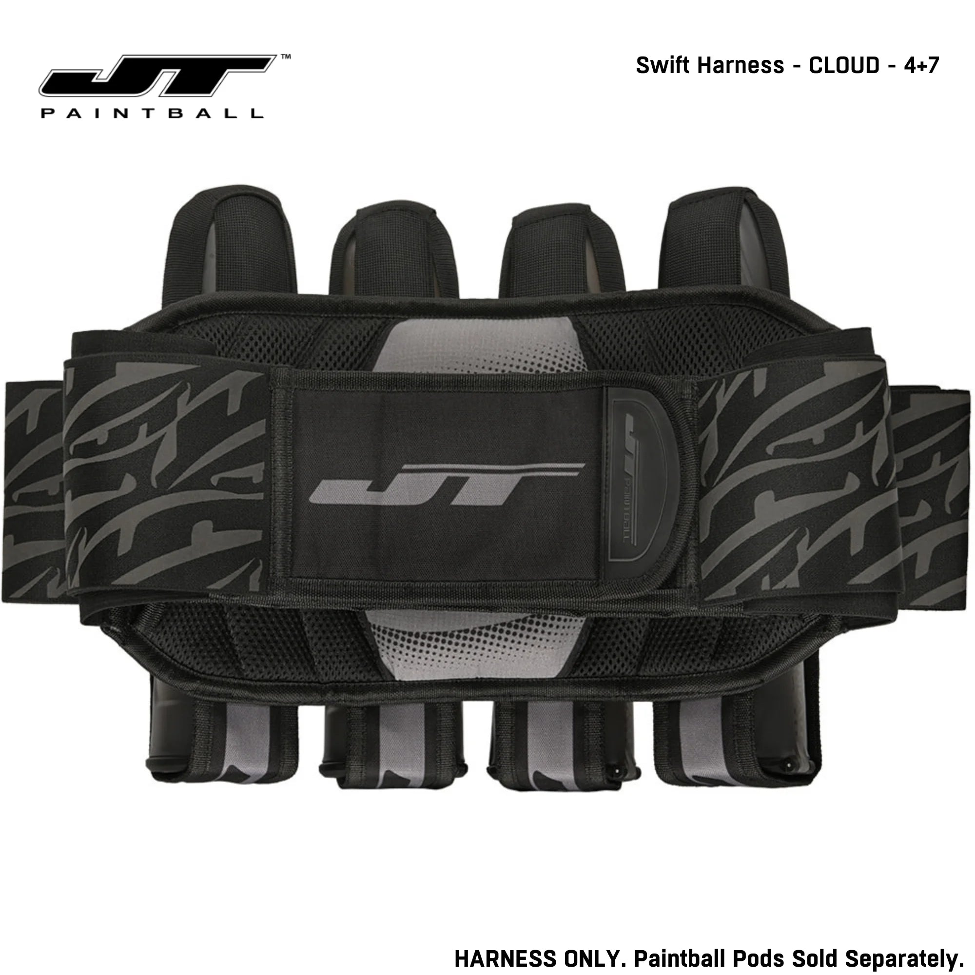 JT Swift Harness Pod Pack 4+7 and 5+8 Pod Capacity std config, pod pack harness, stable waist fit, for bunker moves, display angle