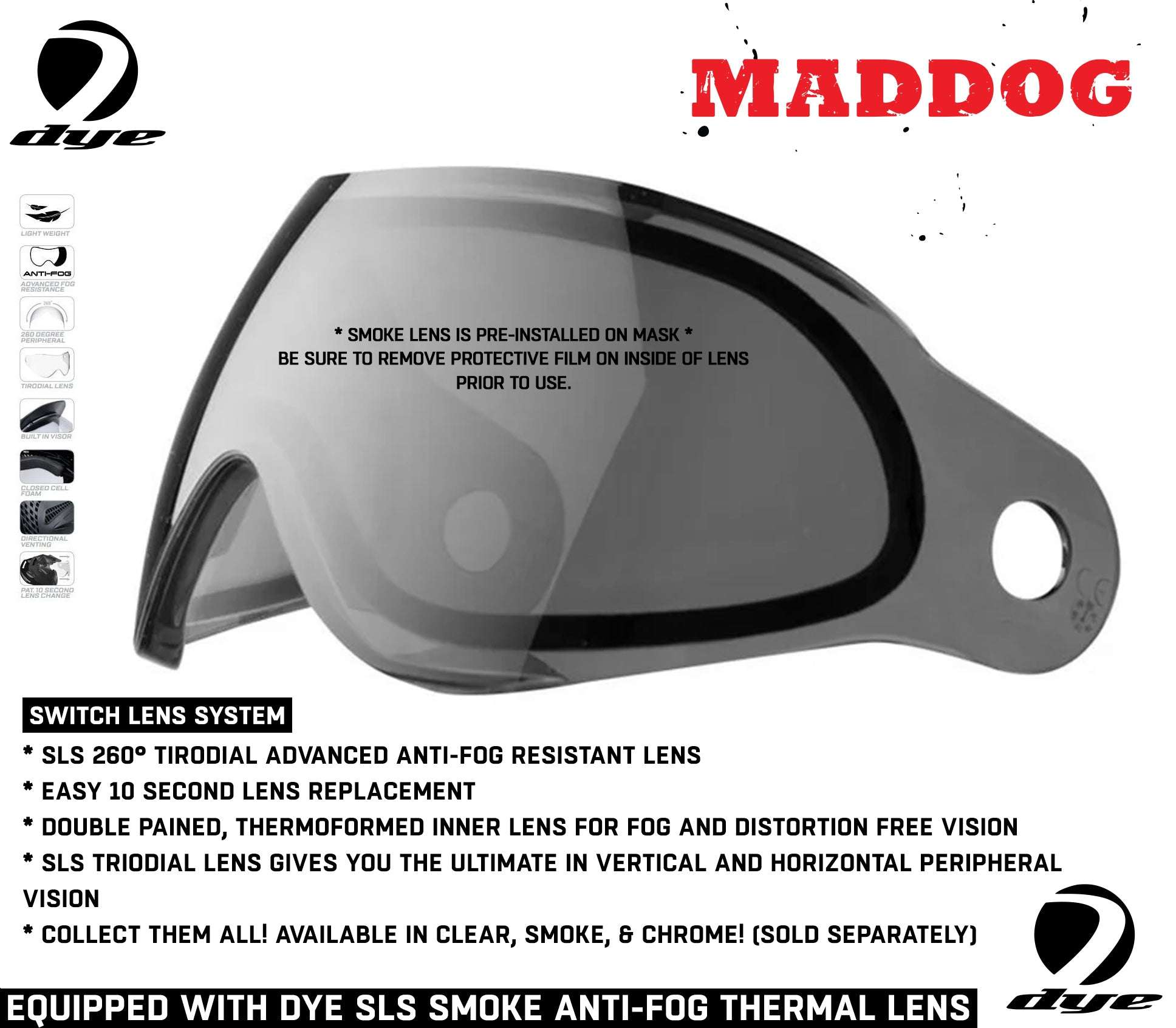 Maddog DYE SE Special Edition Thermal Anti-Fog Mask std config, mask, wide field view, for tournament play, close detail