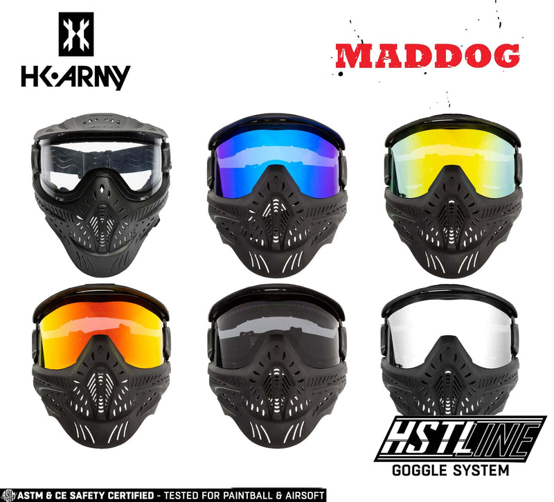 Maddog HK Army HSTL Goggle paintball airsoft masks with anti-fog thermal lenses in various colors including clear, smoke, fire, ice, gold, and chrome.