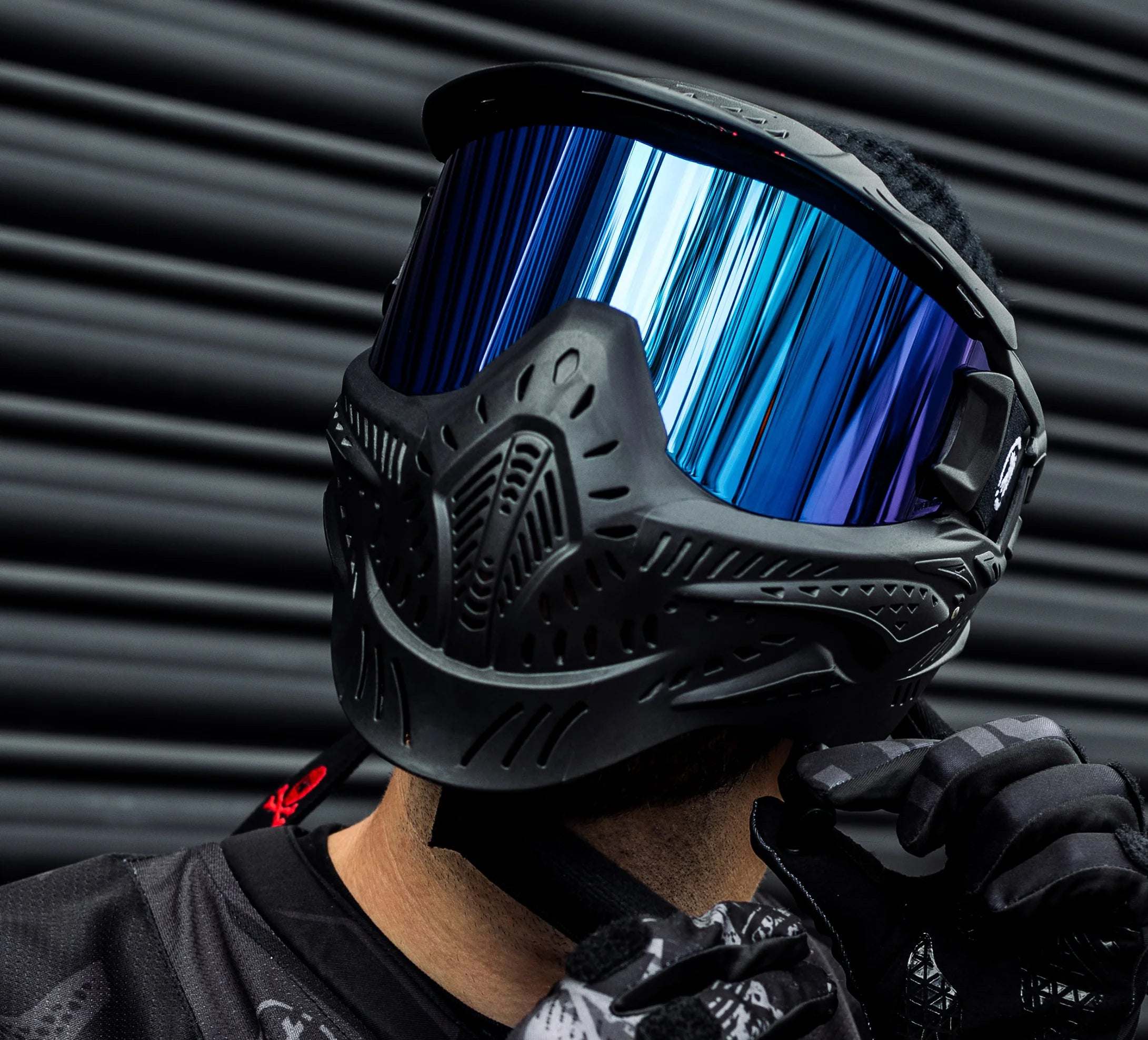 Maddog HK Army HSTL Goggle paintball mask with black face shield and reflective blue thermal lens, full-face protection for airsoft and paintball.