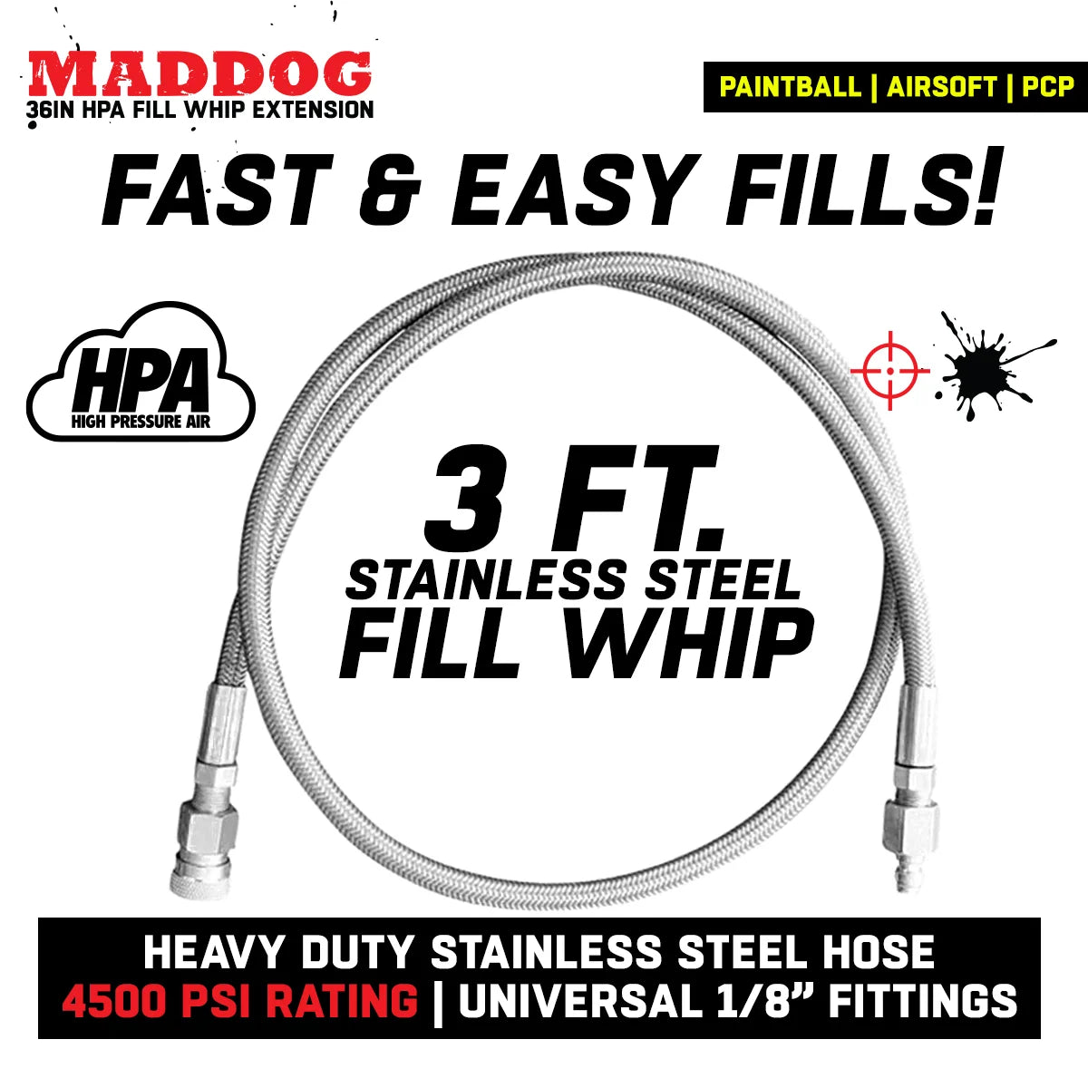 CLEARANCE Maddog Paintball Fill Whip Hose Extension | 36" Stainless Steel 4500 PSI - OPEN BOX / USED