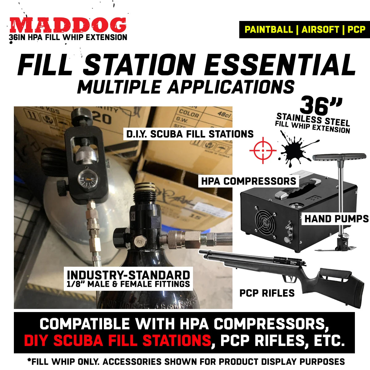 CLEARANCE Maddog Paintball Fill Whip Hose Extension | 36" Stainless Steel 4500 PSI - OPEN BOX / USED