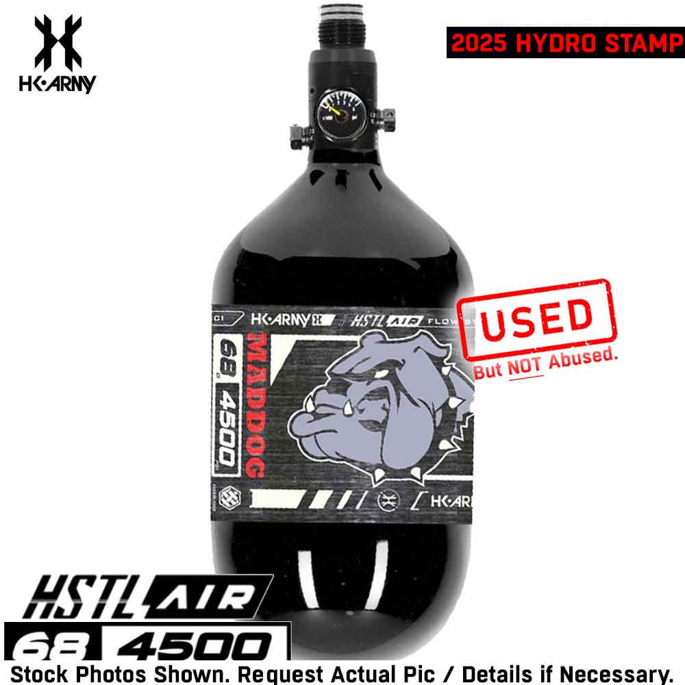 Maddog HK Army HSTL 68/4500 Carbon Fiber HPA Compressed Air Tank std config, accessory, durable field use, for gear bags, rear angle
