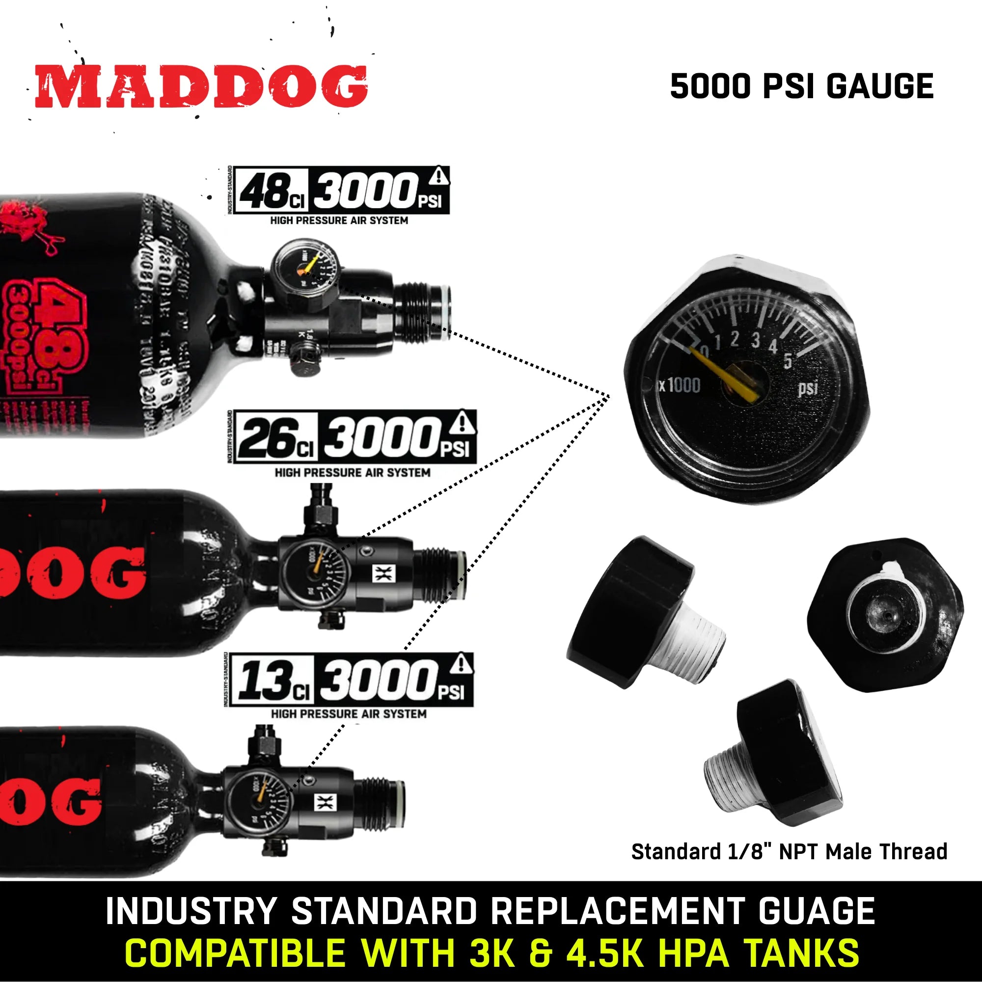 Maddog 5000 PSI HPA Paintball Tank Replacement Pressure Gauge – 1/8" NPT