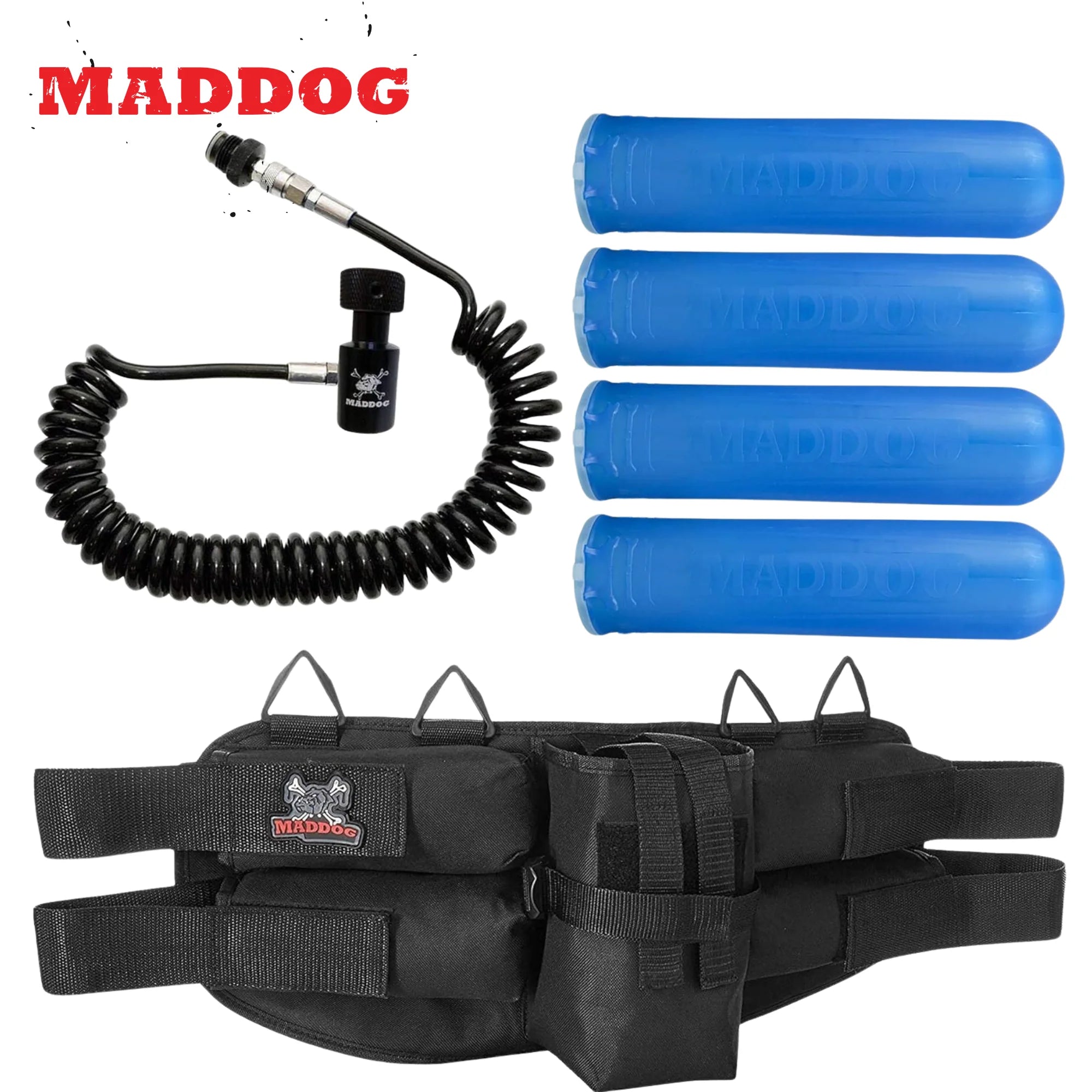 Maddog 4+1 Paintball Harness Pod Pack with (4) Paintball Pods and Quick Disconnect Paintball Tank Remote Coil Combo | Compressed Air (HPA) & CO2 Compatible