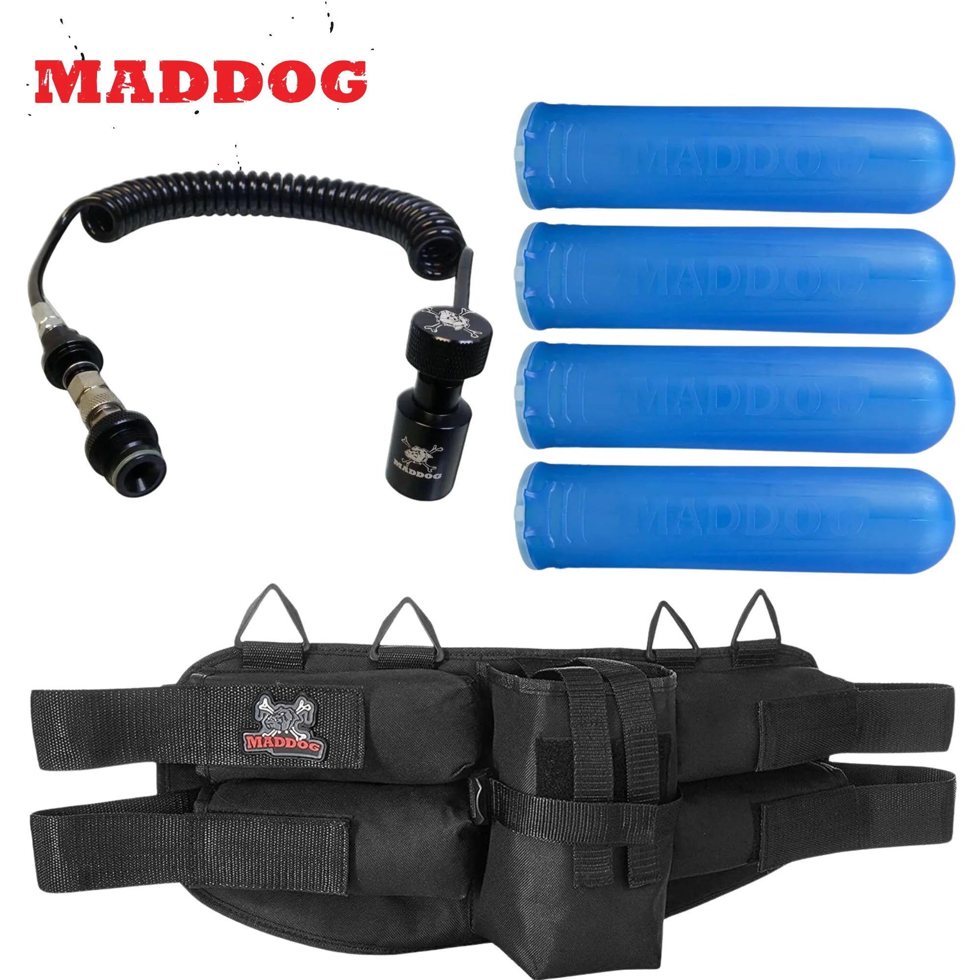 Maddog 4+1 Paintball Harness Pod Pack with (4) Paintball Pods and Quick Disconnect Paintball Tank Remote Coil Combo | Compressed Air (HPA) & CO2 Compatible