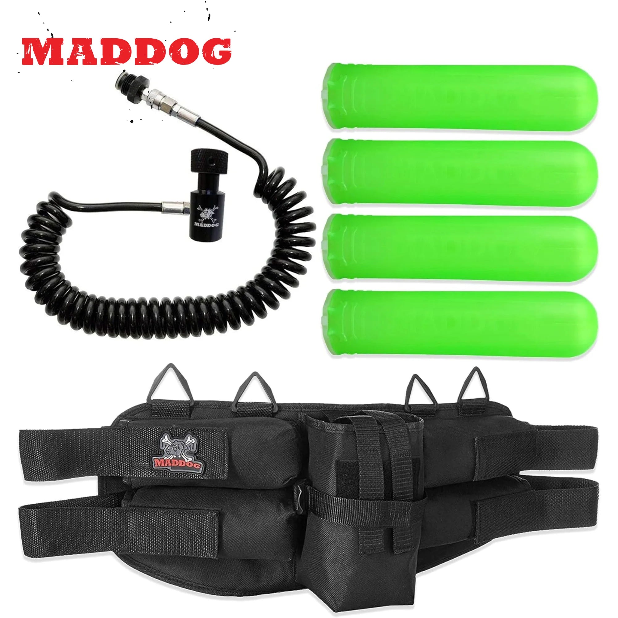 Maddog 4+1 Paintball Harness Pod Pack with (4) Paintball Pods and Quick Disconnect Paintball Tank Remote Coil Combo | Compressed Air (HPA) & CO2 Compatible